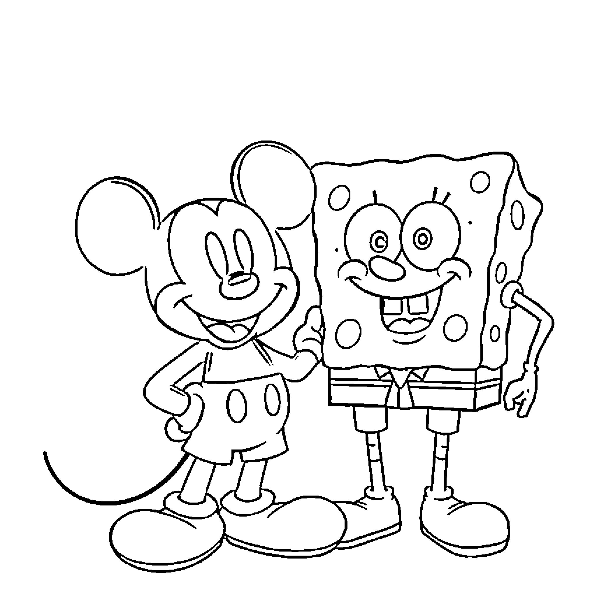 Mickey Mouse and SpongeBob having fun together Coloring Page (free black-and-white line drawing printable PDF for all, from beginners to advanced learners, including children, teens, adults, and seniors)