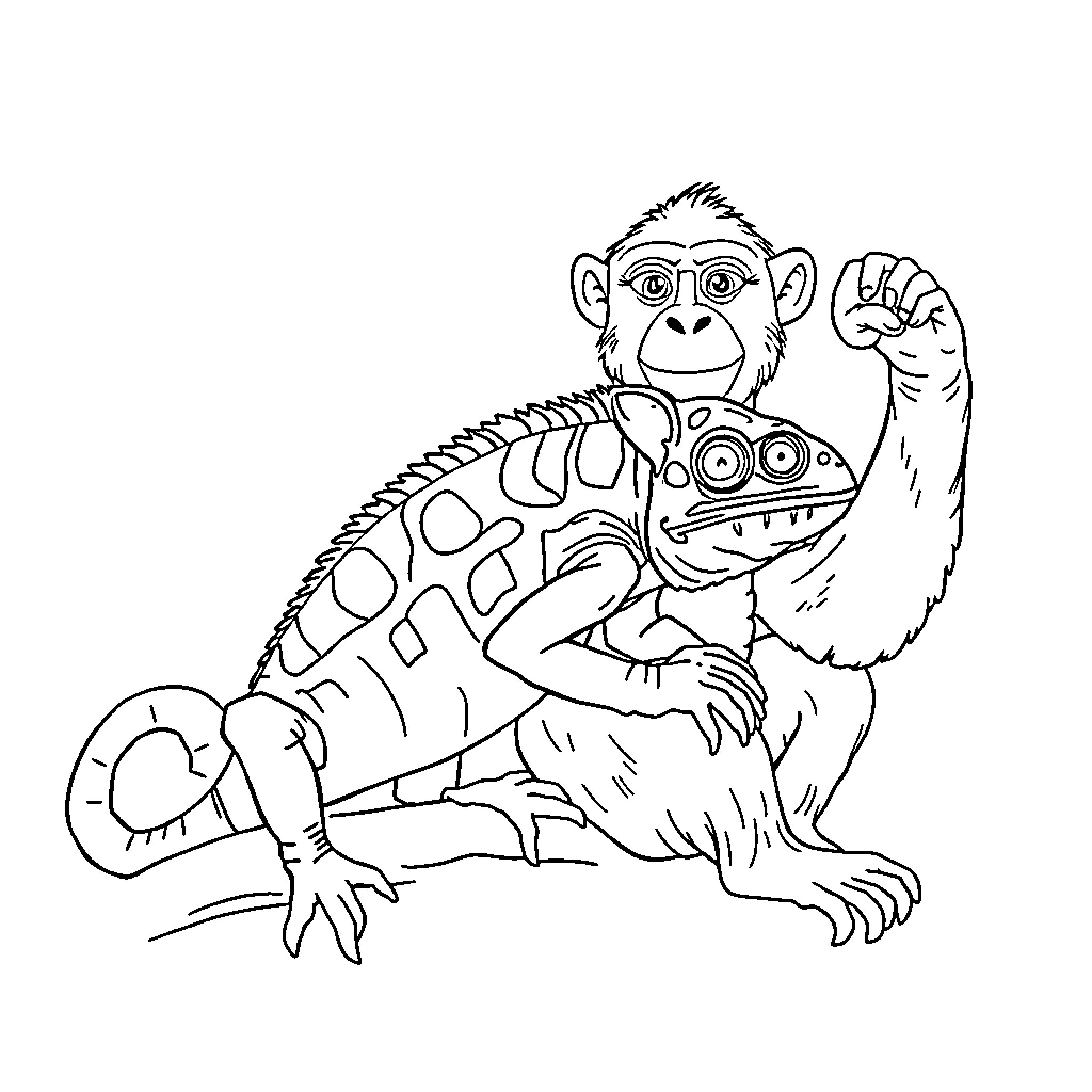 Chameleon-like creature with an ape-like face Coloring Page (free black-and-white line drawing printable PDF for all, from beginners to advanced learners, including children, teens, adults, and seniors)
