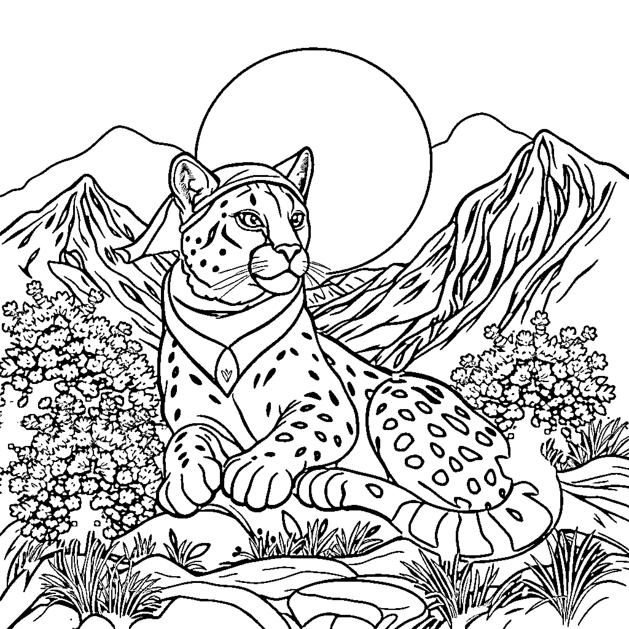 Puma resting peacefully in the wild mountain landscape Coloring Page (free black-and-white line drawing printable PDF for all, from beginners to advanced learners, including children, teens, adults, and seniors)