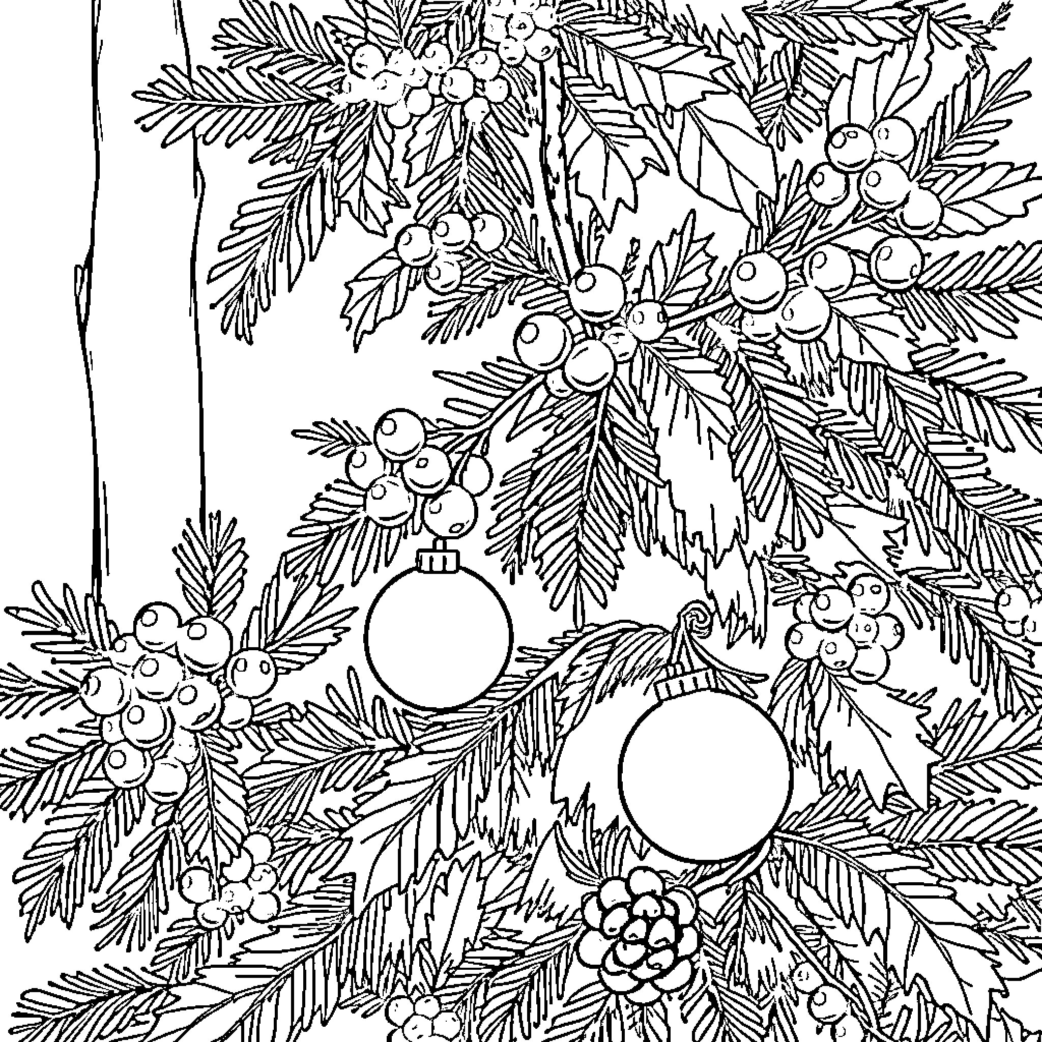 Christmas Tree with Ornaments and Holly Coloring Page (free black-and-white line drawing printable PDF for all, from beginners to advanced learners, including children, teens, adults, and seniors)