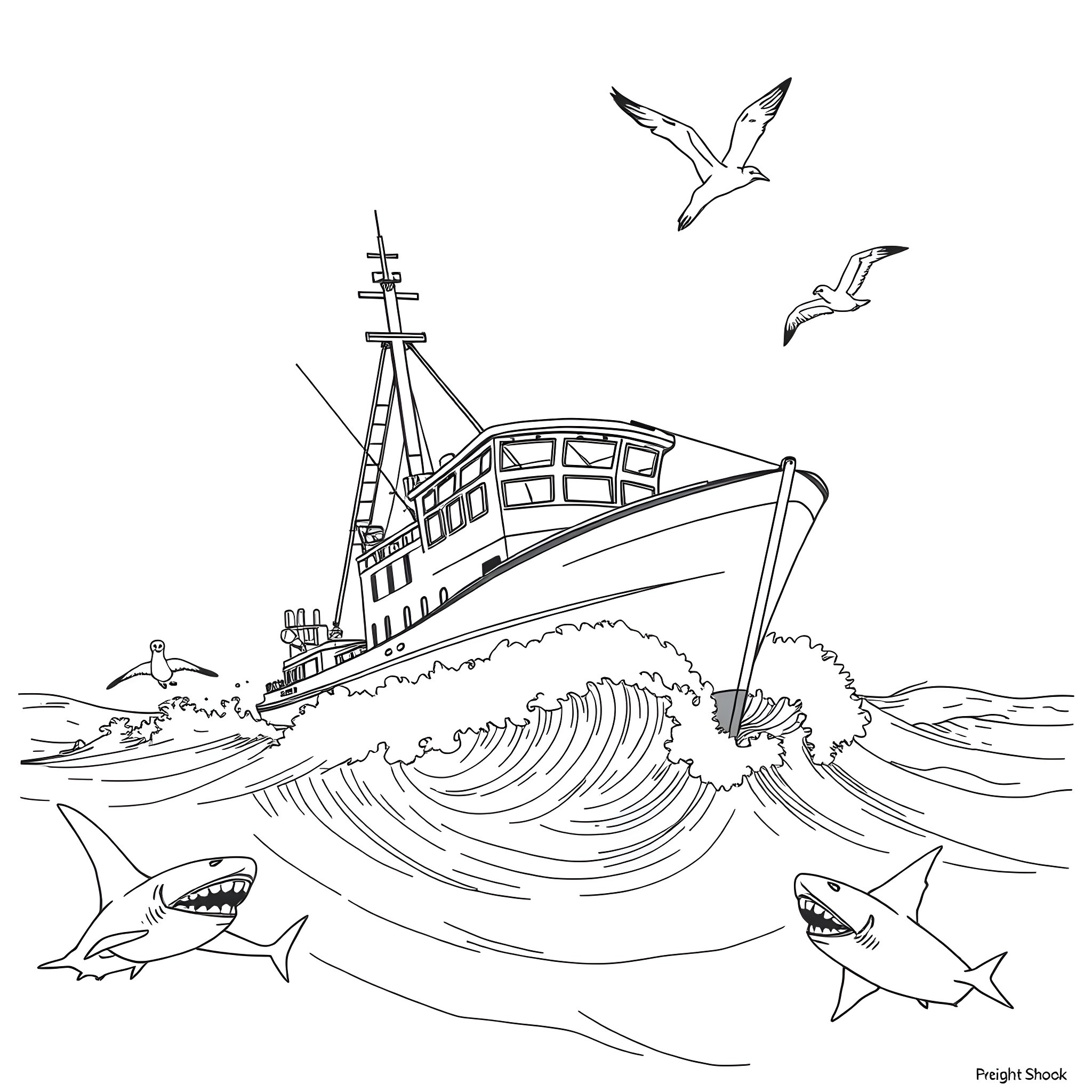 Fishing Ship Navigating Rough Seas with Seagulls Coloring Page (free black-and-white line drawing printable PDF for all, from beginners to advanced learners, including children, teens, adults, and seniors)