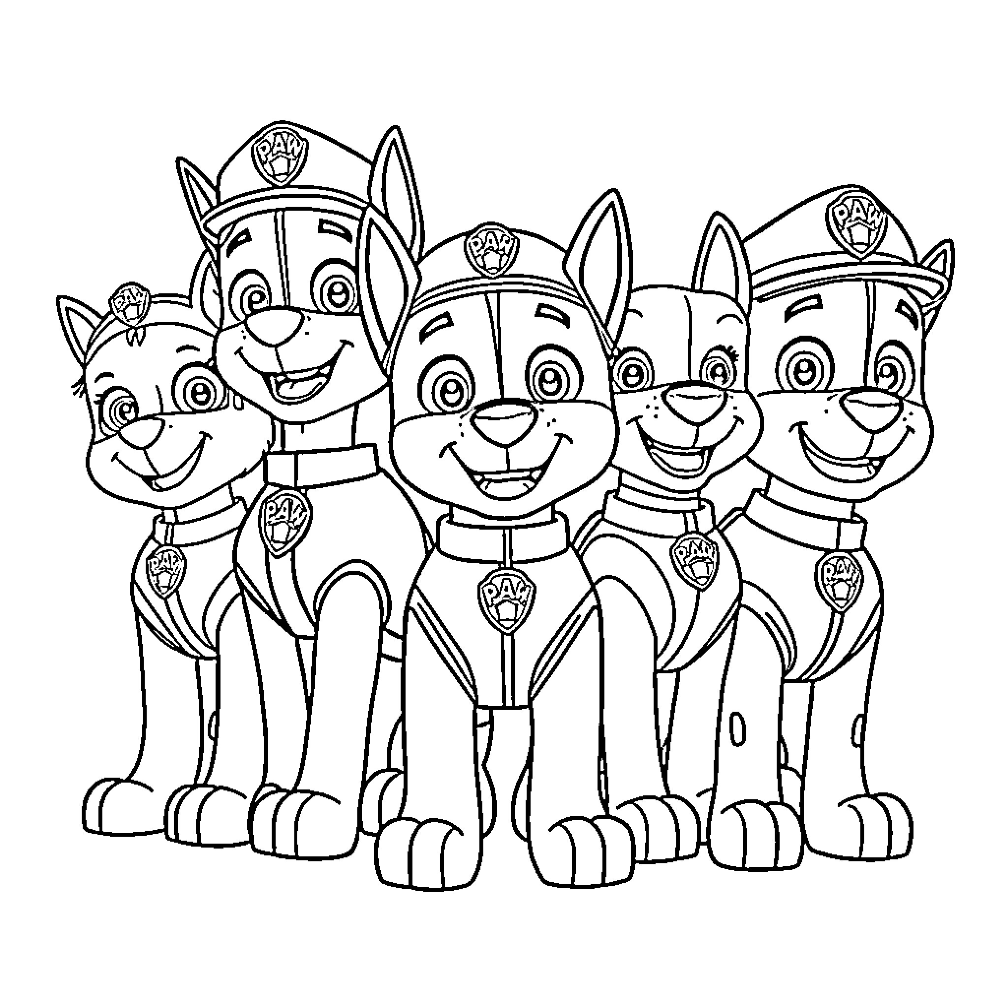 Paw Patrol pups in uniform ready for action Coloring Page (free black-and-white line drawing printable PDF for all, from beginners to advanced learners, including children, teens, adults, and seniors)
