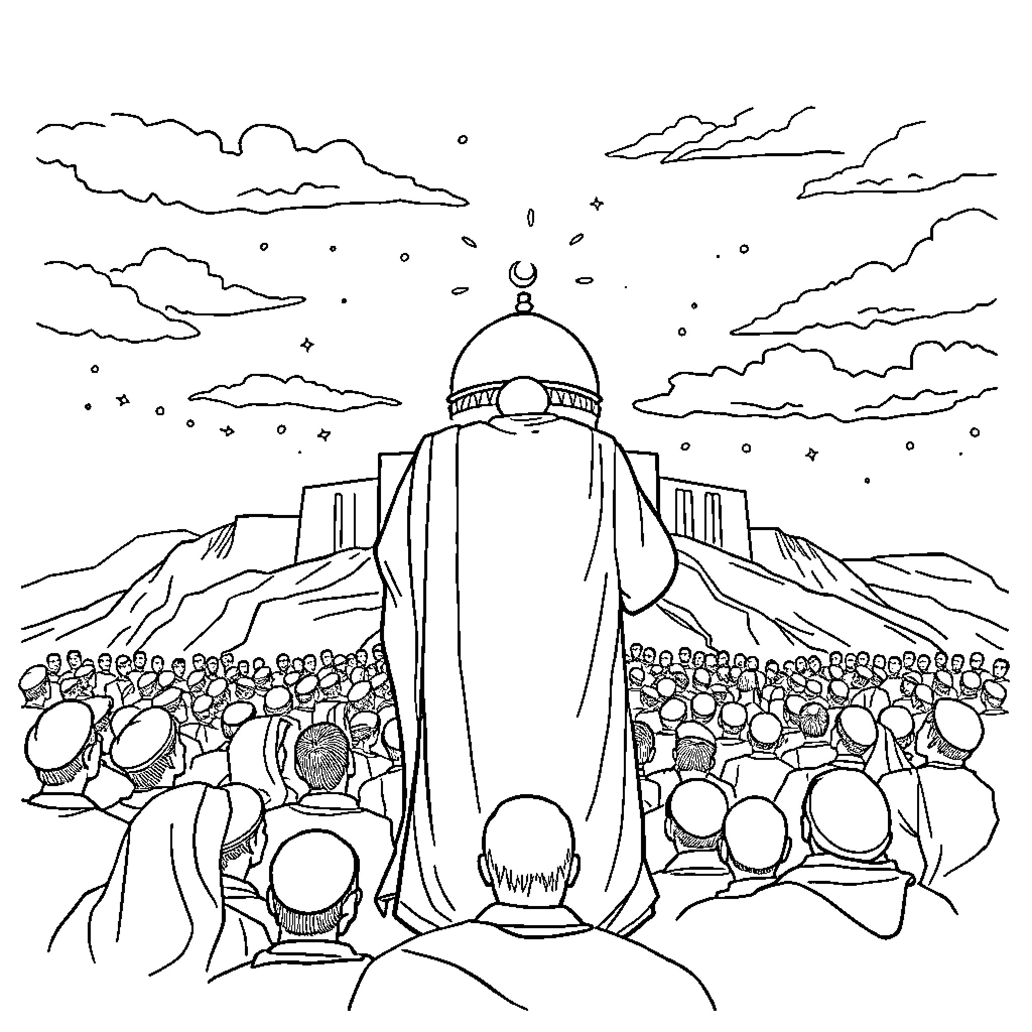Prophet Muhammad addressing a crowd in the desert Coloring Page (free black-and-white line drawing printable PDF for all, from beginners to advanced learners, including children, teens, adults, and seniors)