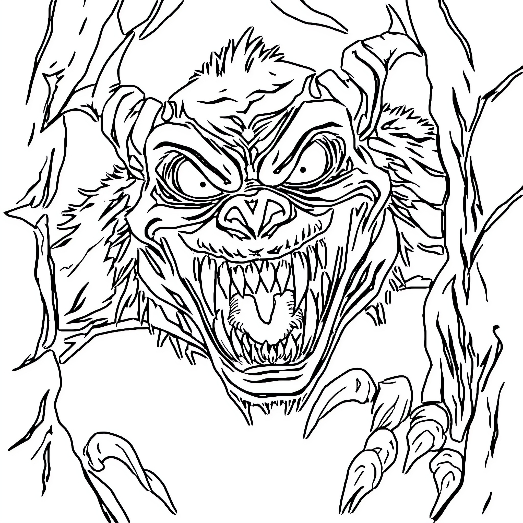 Monster with menacing expression emerging from the shadows Coloring Page (free black-and-white line drawing printable PDF for all, from beginners to advanced learners, including children, teens, adults, and seniors)