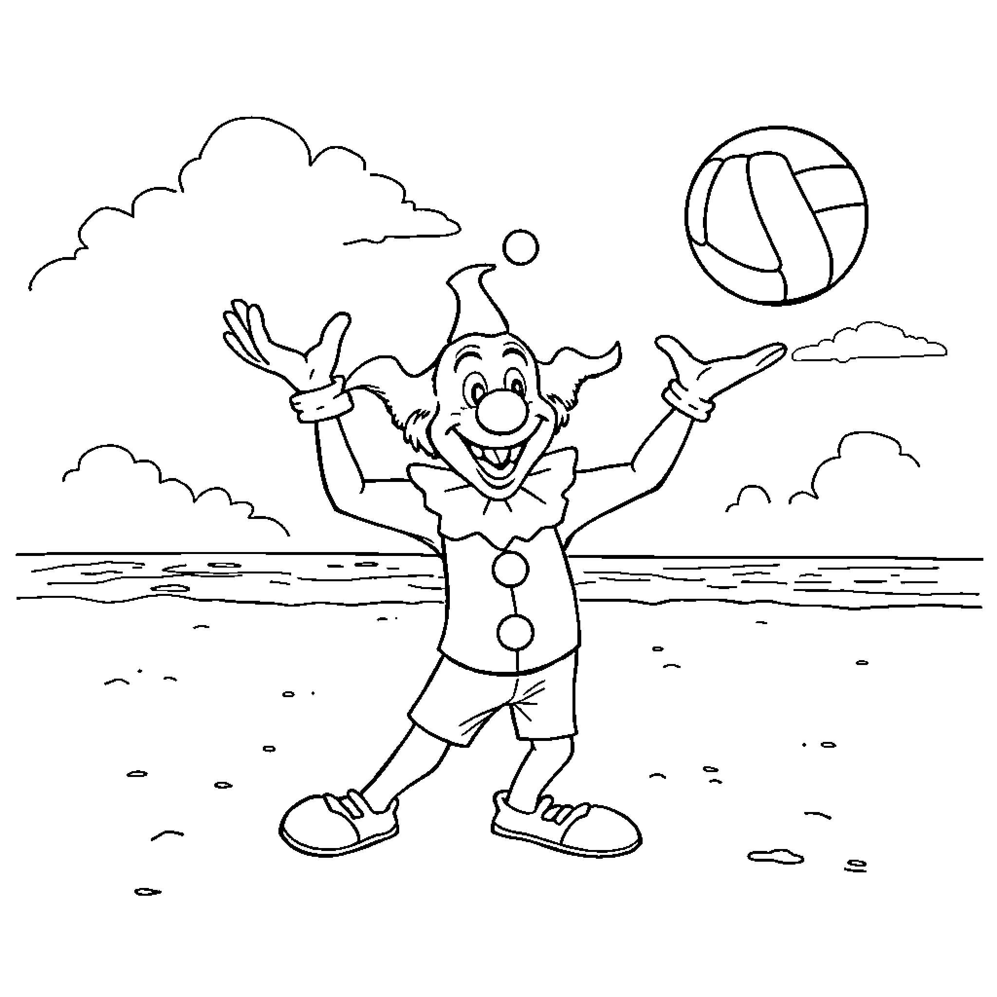 Clown juggling and playing volleyball on the beach Coloring Page (free black-and-white line drawing printable PDF for all, from beginners to advanced learners, including children, teens, adults, and seniors)