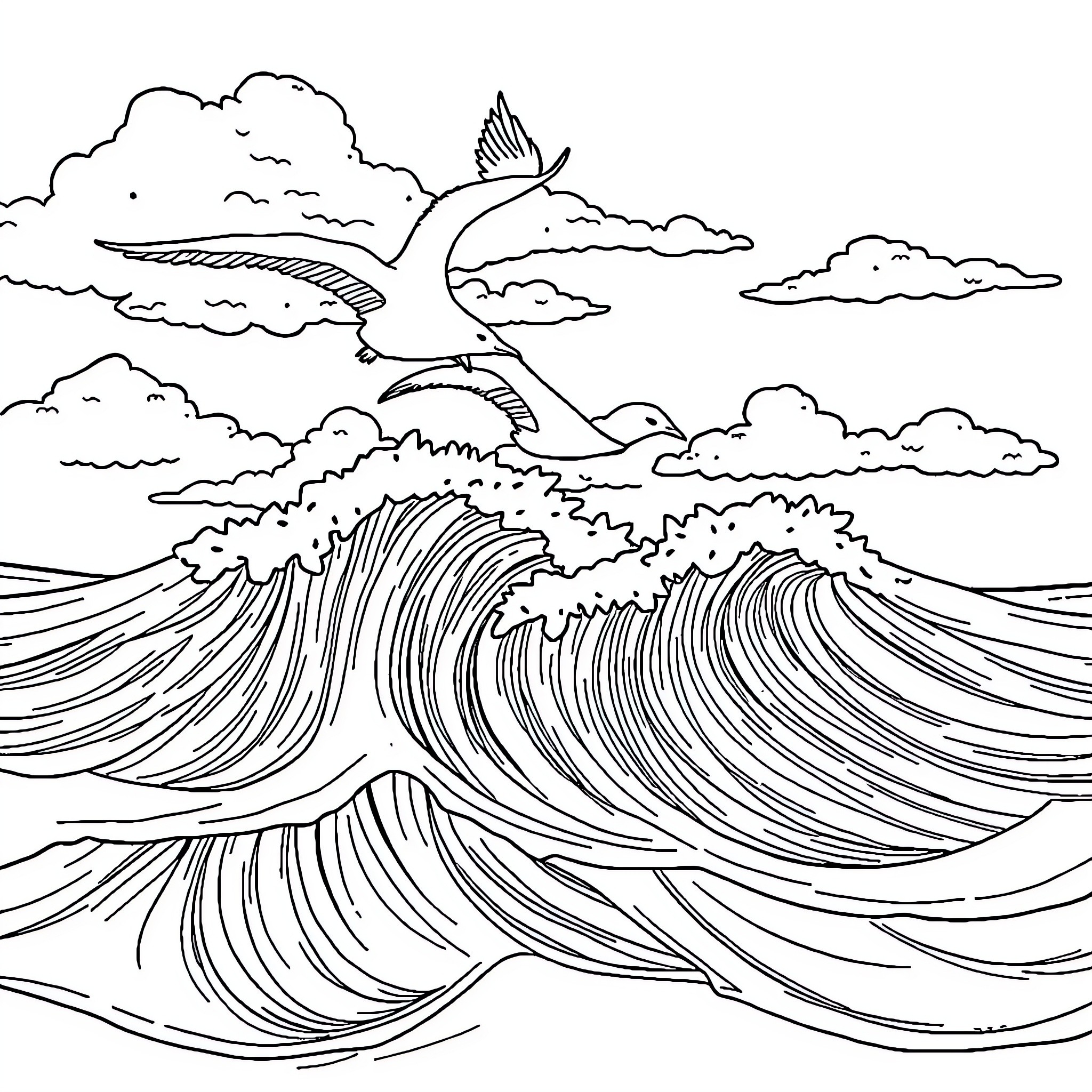 Gaiovata's Waves and Winged Wonder Coloring Page (free black-and-white line drawing printable PDF for all, from beginners to advanced learners, including children, teens, adults, and seniors)