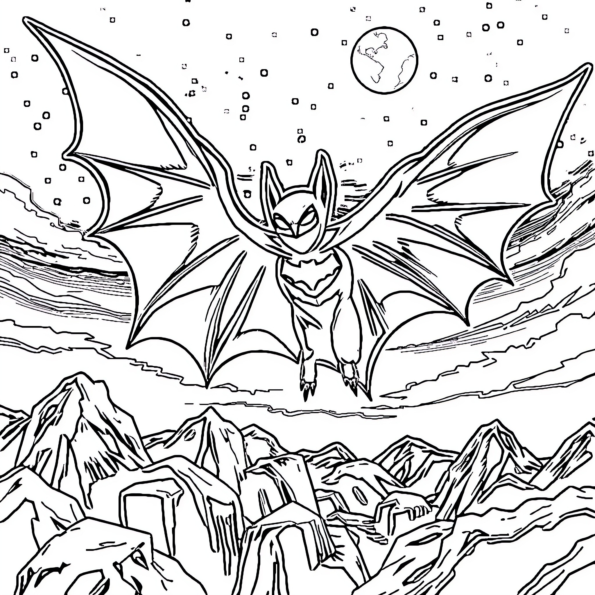 Bat Eman soaring through a rocky landscape Coloring Page (free black-and-white line drawing printable PDF for all, from beginners to advanced learners, including children, teens, adults, and seniors)