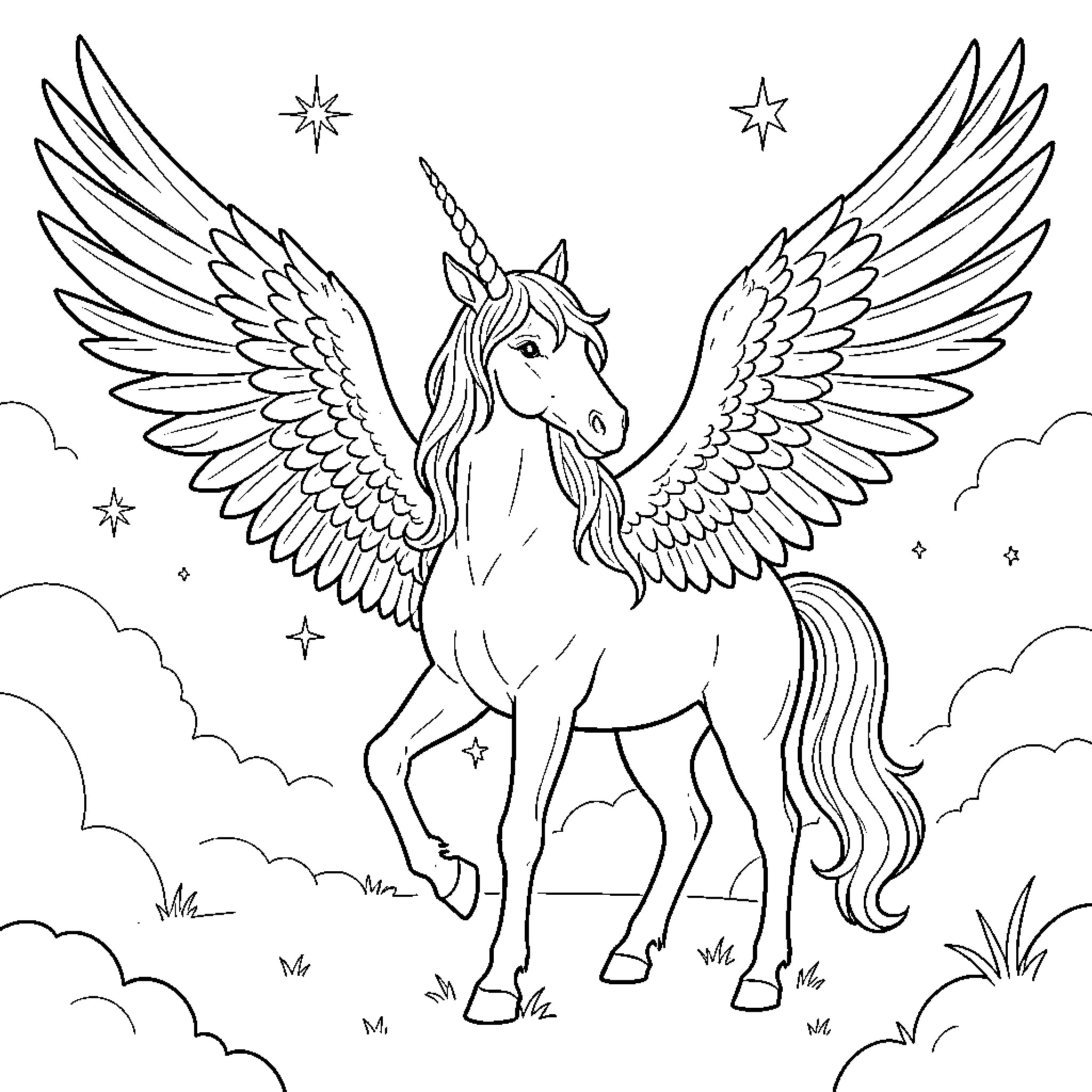 Unicorn with large wings standing among clouds and stars Coloring Page (free black-and-white line drawing printable PDF for all, from beginners to advanced learners, including children, teens, adults, and seniors)