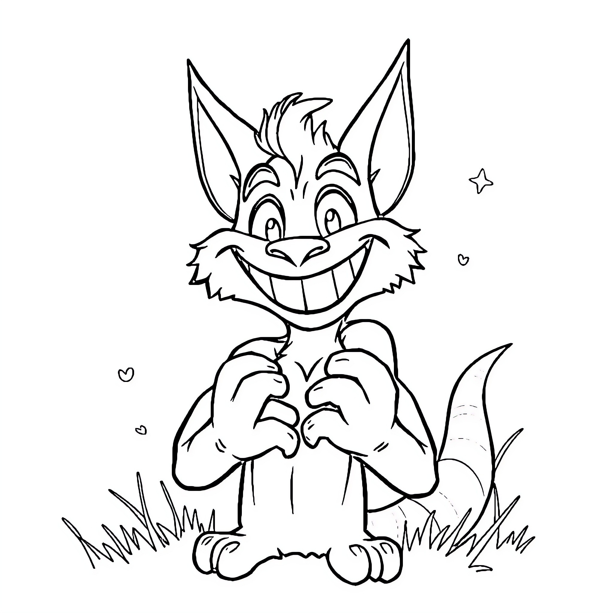 Jinx the Mischievous Cartoon Creature Coloring Page (free black-and-white line drawing printable PDF for all, from beginners to advanced learners, including children, teens, adults, and seniors)