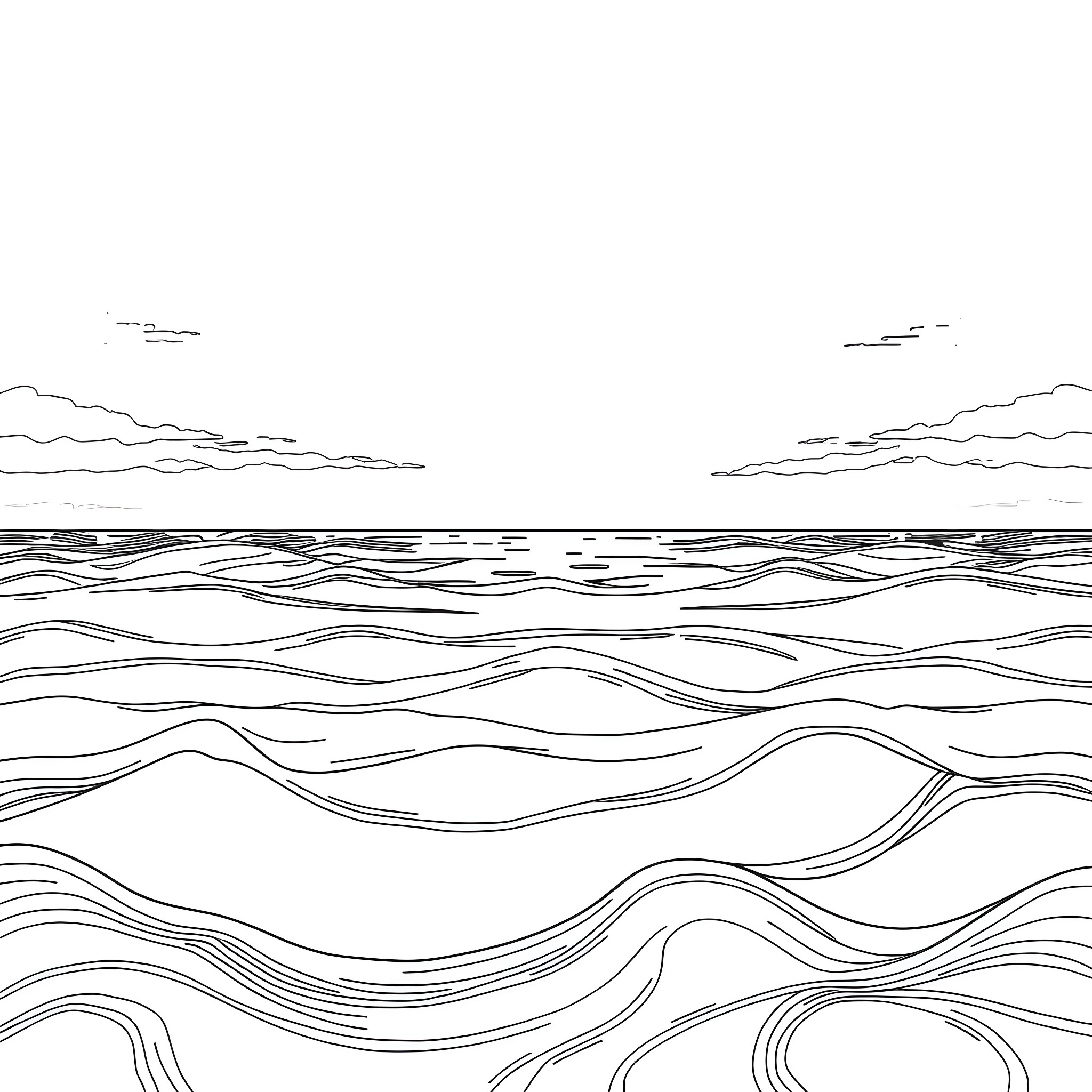 Ocean waves and horizon line Coloring Page (free black-and-white line drawing printable PDF for all, from beginners to advanced learners, including children, teens, adults, and seniors)