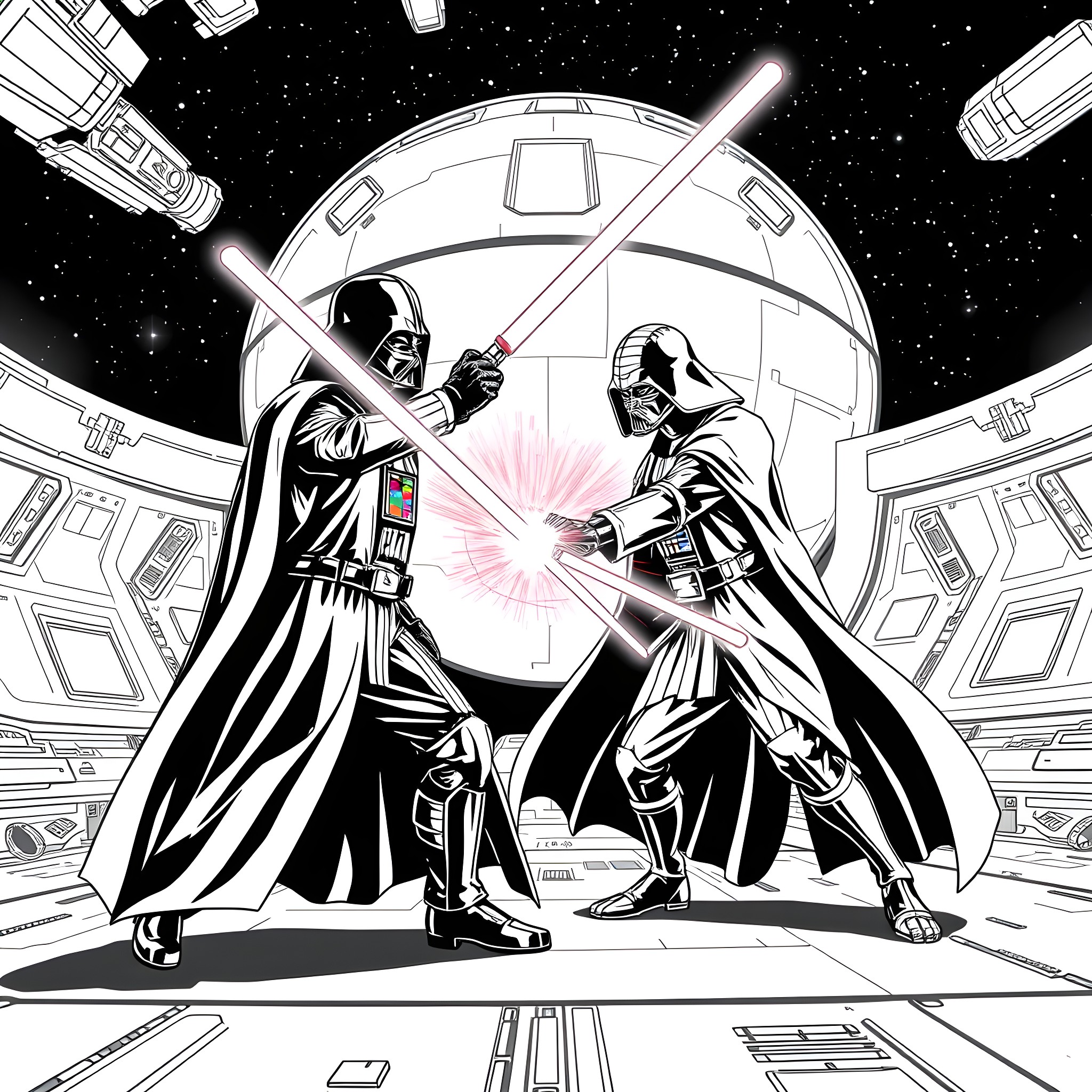 Darth Vader and Stormtrooper engage in a lightsaber duel Coloring Page (free black-and-white line drawing printable PDF for all, from beginners to advanced learners, including children, teens, adults, and seniors)