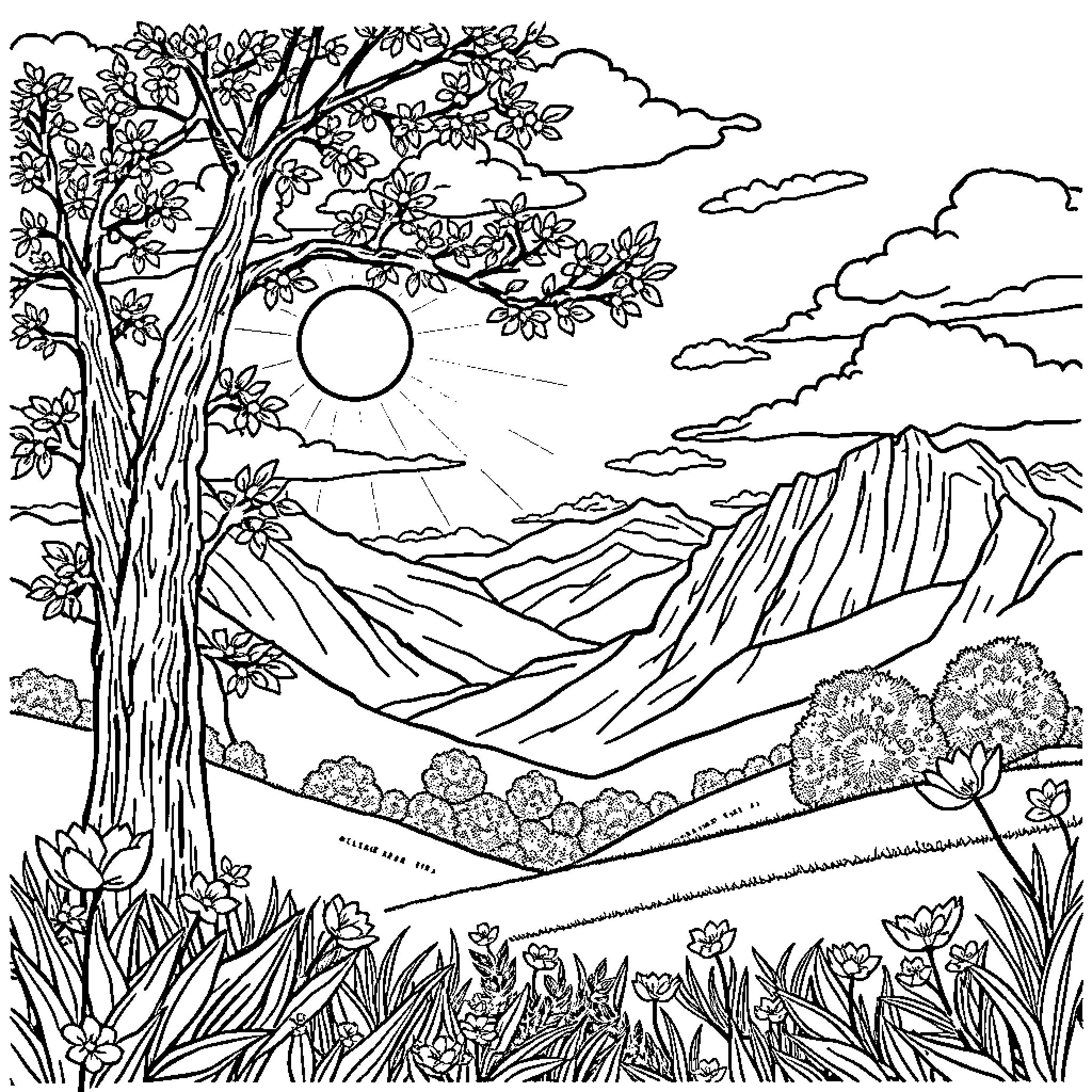 Bear in a Serene Mountain Landscape Coloring Page (free black-and-white line drawing printable PDF for all, from beginners to advanced learners, including children, teens, adults, and seniors)