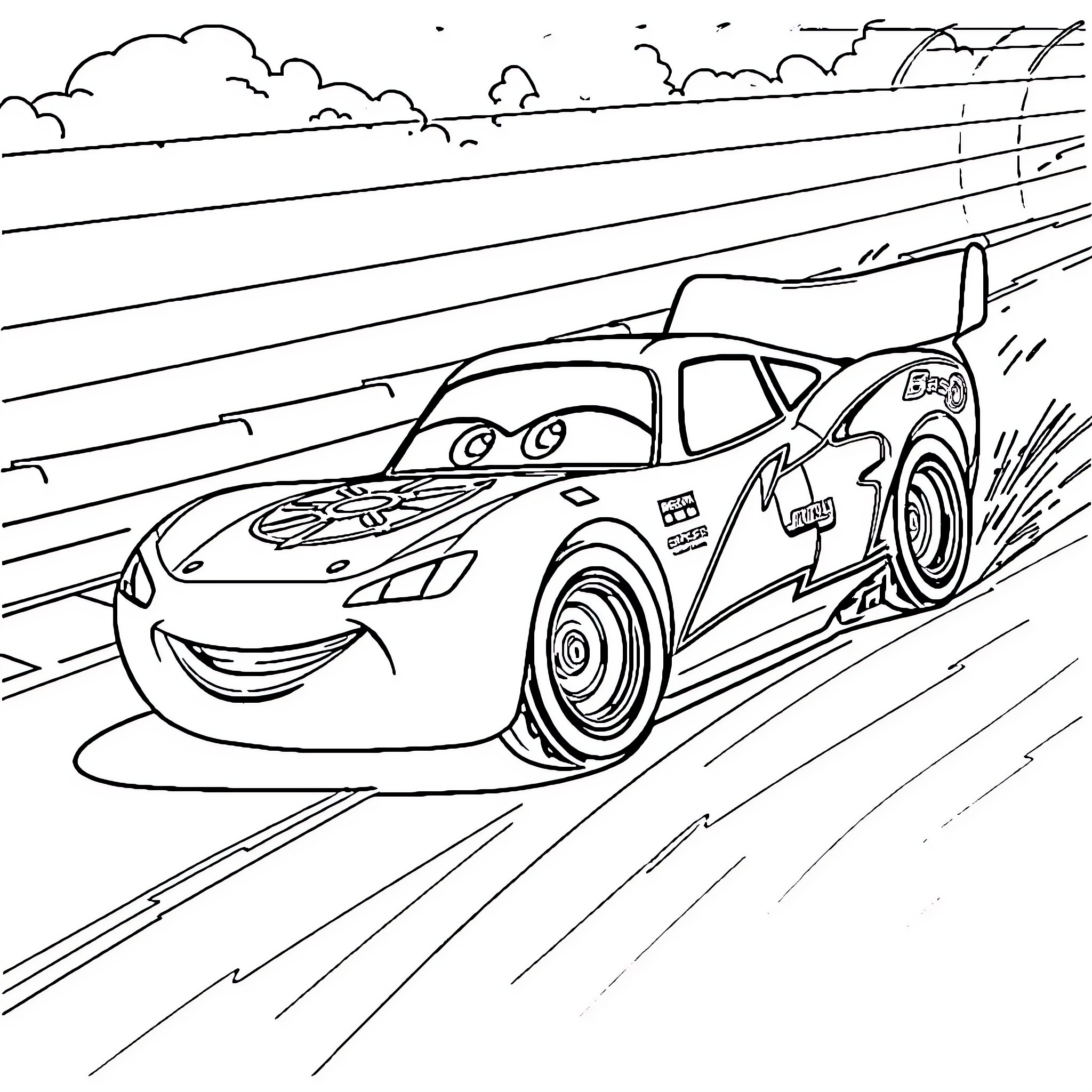 Lightning McQueen racing on the track Coloring Page (free black-and-white line drawing printable PDF for all, from beginners to advanced learners, including children, teens, adults, and seniors)