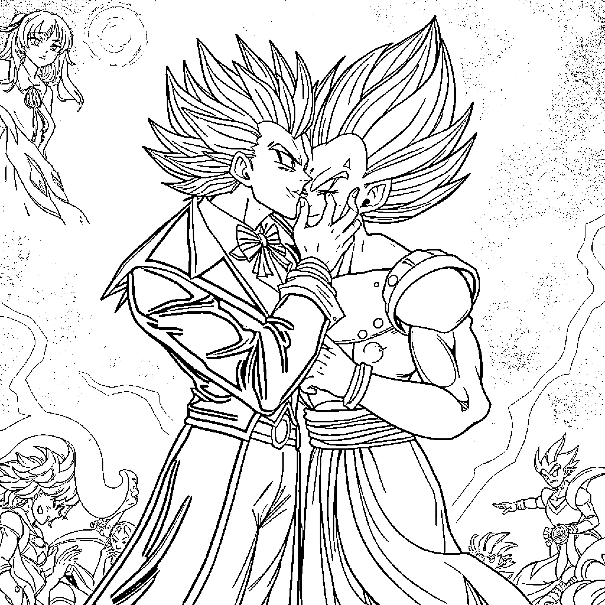 Alastor embracing in dramatic intensity Coloring Page (free black-and-white line drawing printable PDF for all, from beginners to advanced learners, including children, teens, adults, and seniors)