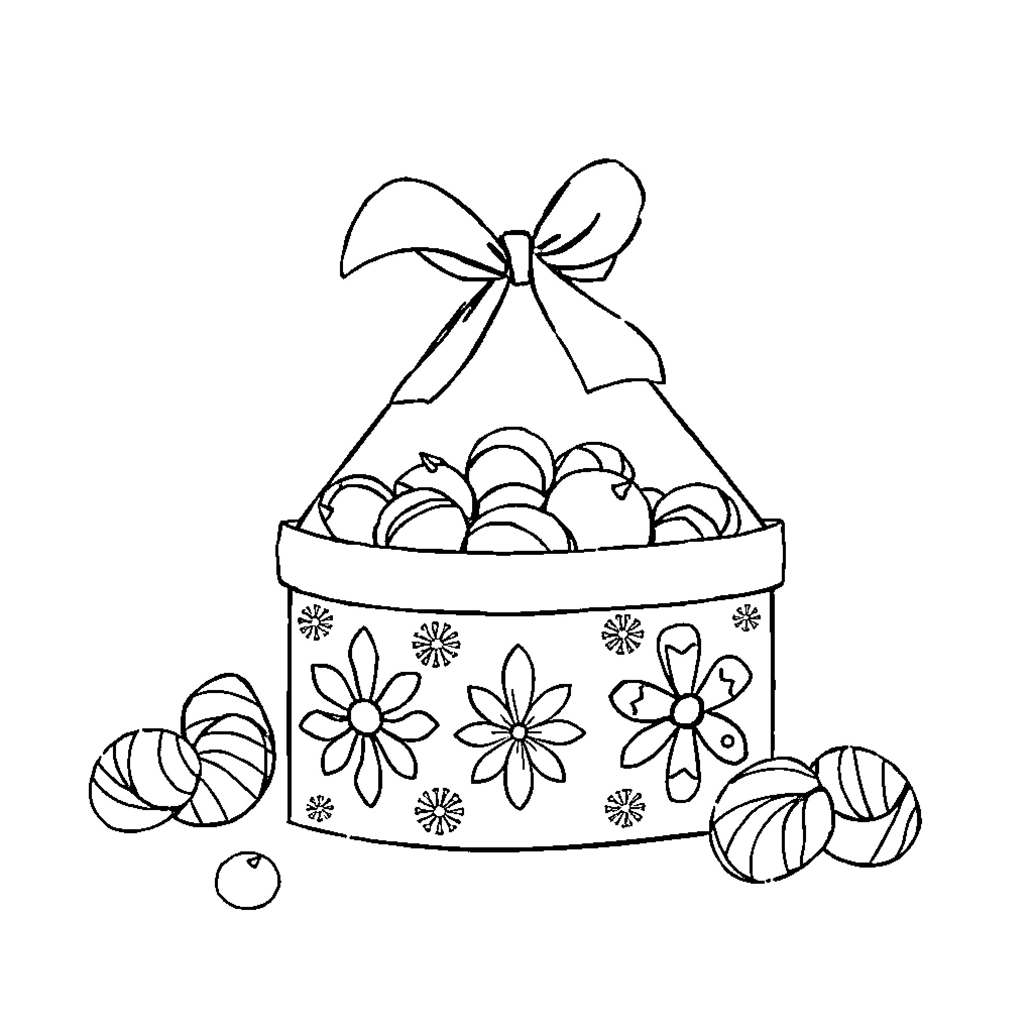 Dulcero with assorted candies and floral decor Coloring Page (free black-and-white line drawing printable PDF for all, from beginners to advanced learners, including children, teens, adults, and seniors)