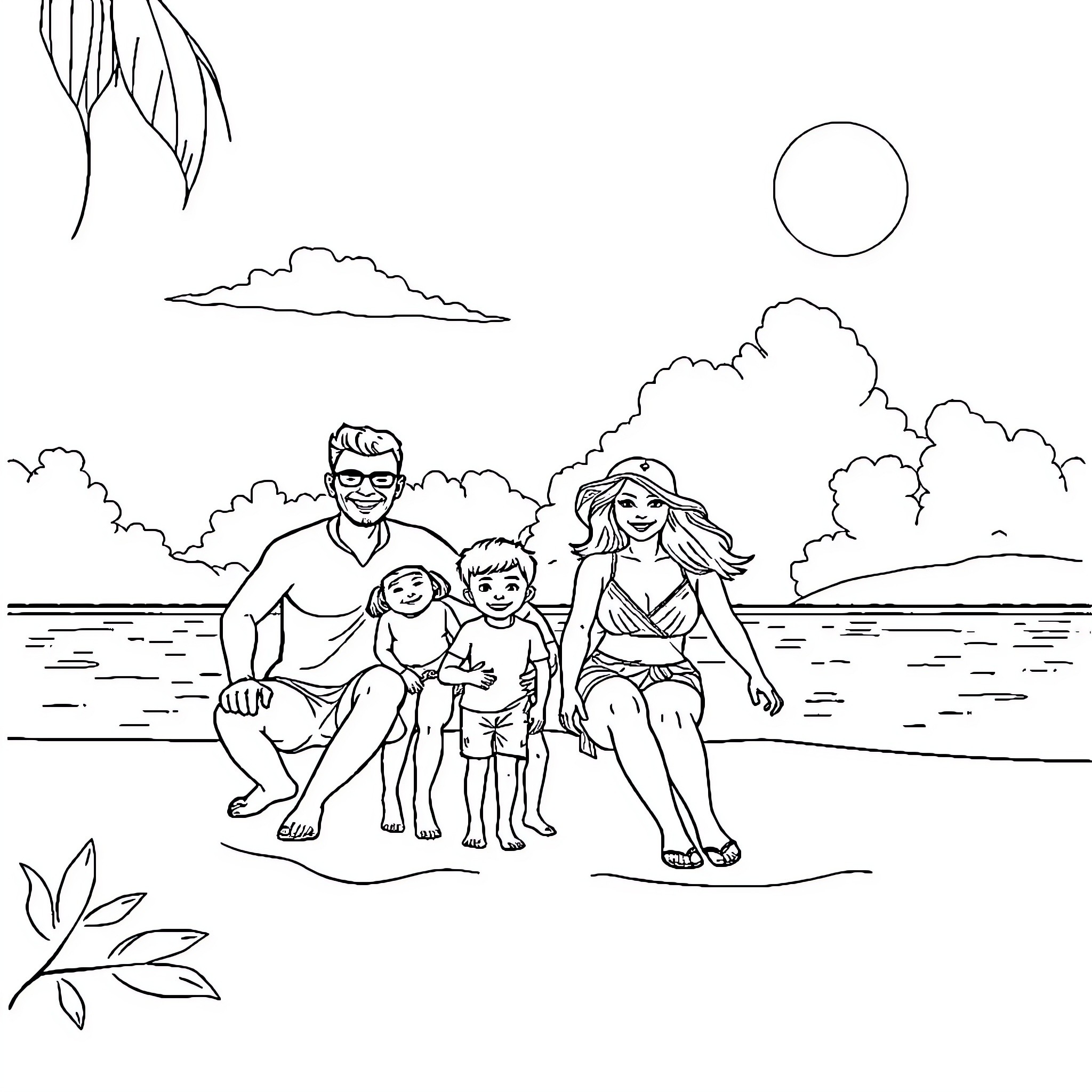 Family Enjoying Time at the Beach Coloring Page (free black-and-white line drawing printable PDF for all, from beginners to advanced learners, including children, teens, adults, and seniors)