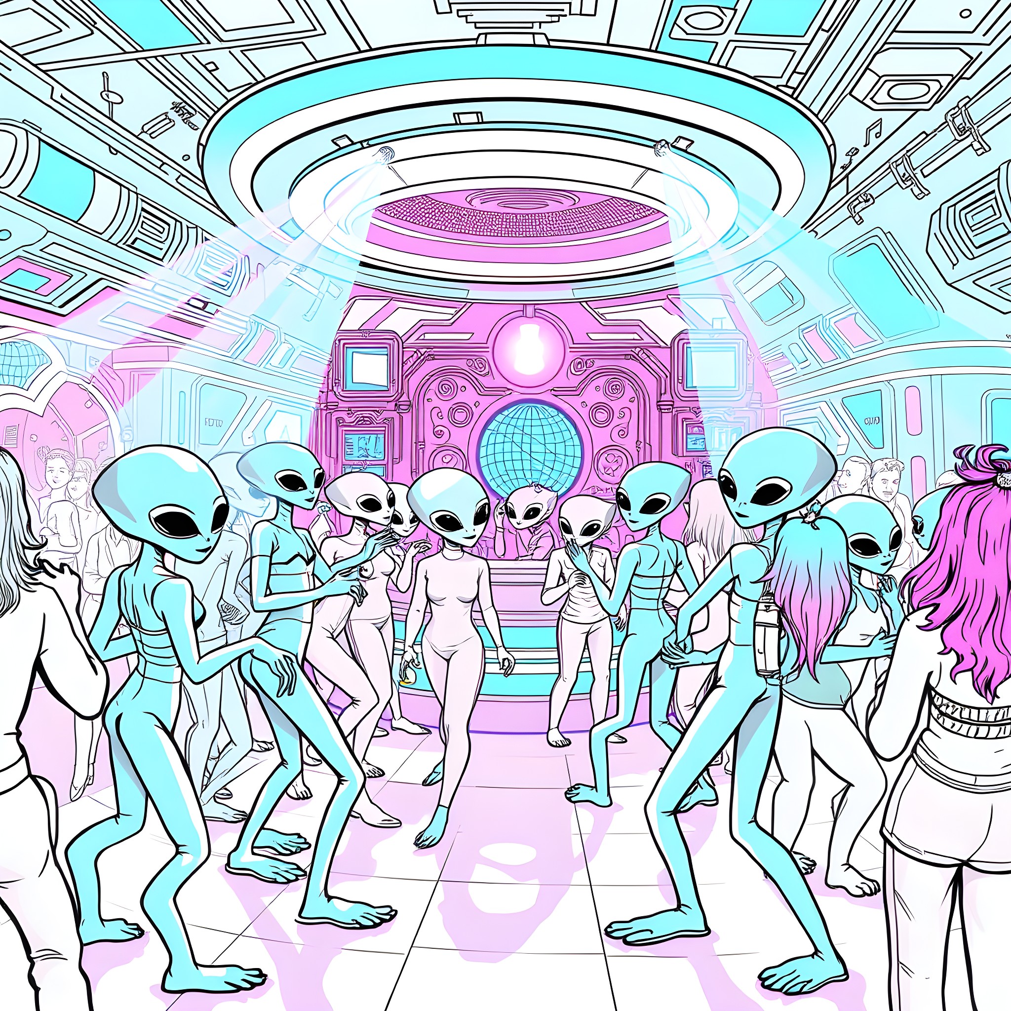 Alien Celebration of Diversity in Futuristic Sci-Fi Setting Coloring Page (free black-and-white line drawing printable PDF for all, from beginners to advanced learners, including children, teens, adults, and seniors)