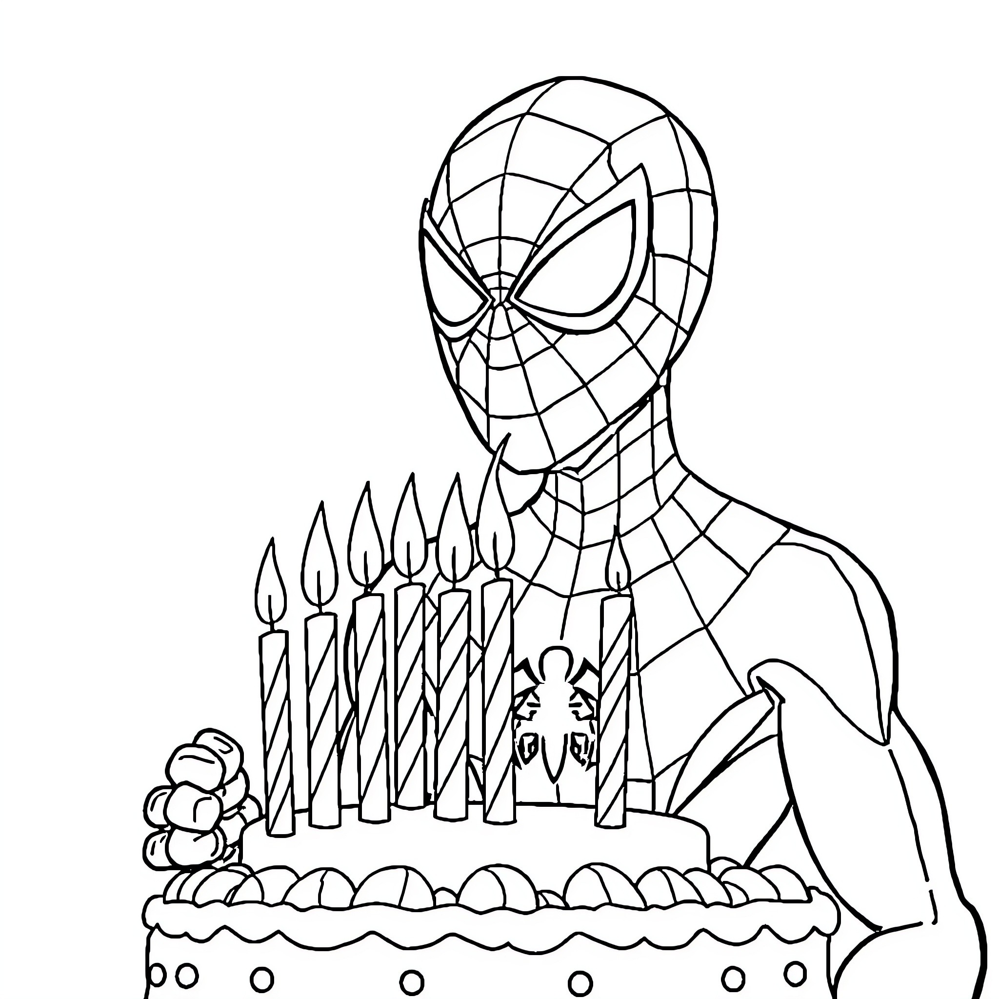 Spider-Man celebrating with birthday cake Coloring Page (free black-and-white line drawing printable PDF for all, from beginners to advanced learners, including children, teens, adults, and seniors)