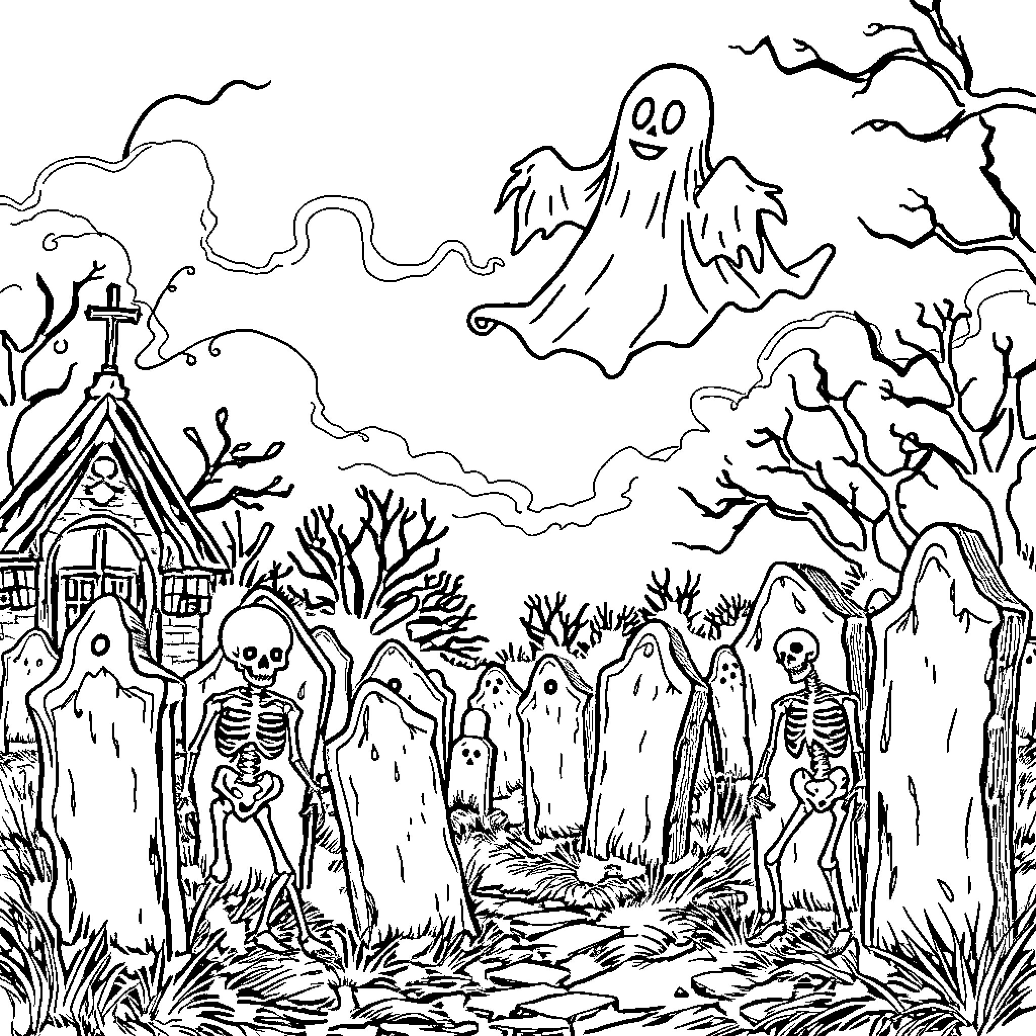 Ghost Spirits Haunting a Spooky Graveyard Coloring Page (free black-and-white line drawing printable PDF for all, from beginners to advanced learners, including children, teens, adults, and seniors)