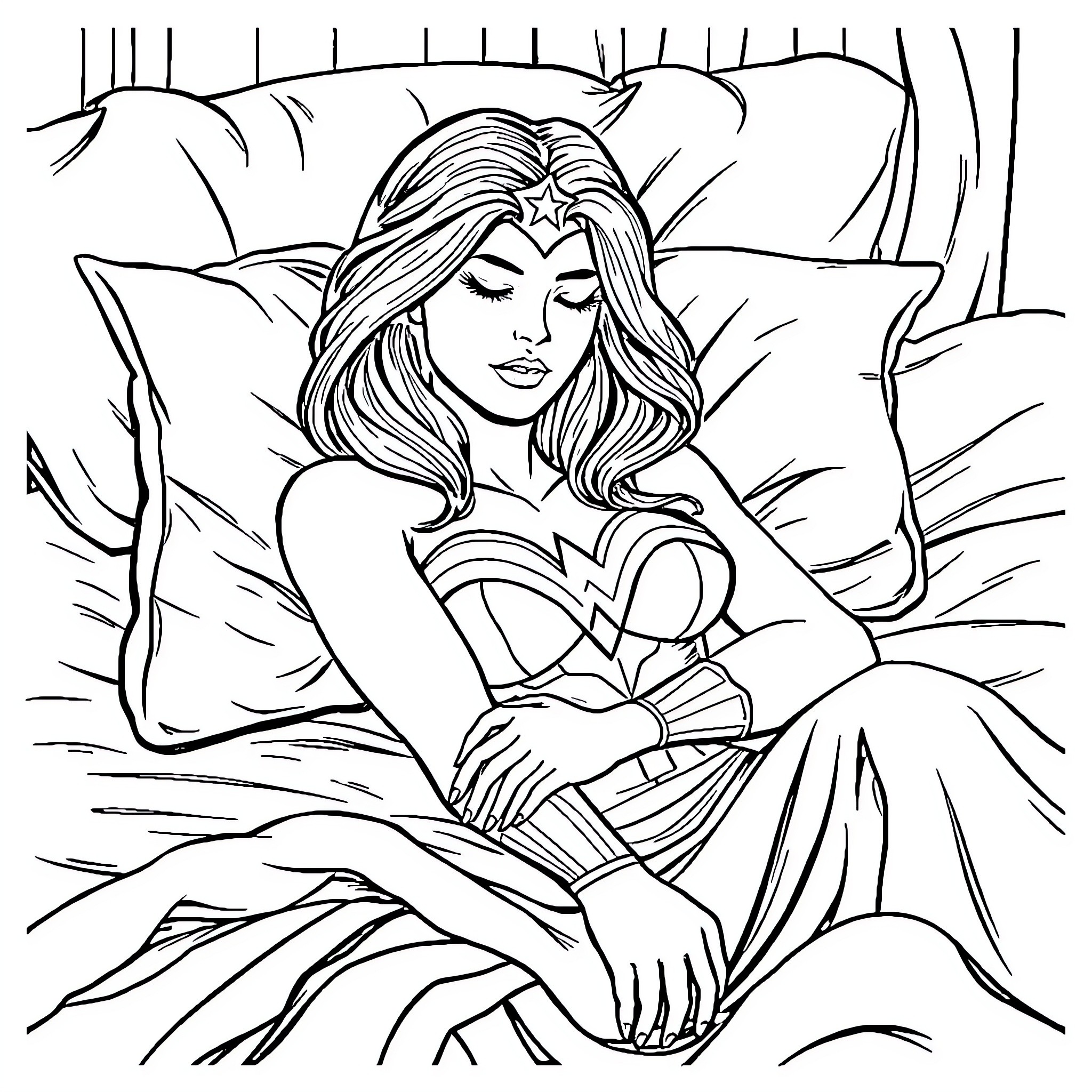 Wonder Woman in a pensive moment Coloring Page (free black-and-white line drawing printable PDF for all, from beginners to advanced learners, including children, teens, adults, and seniors)