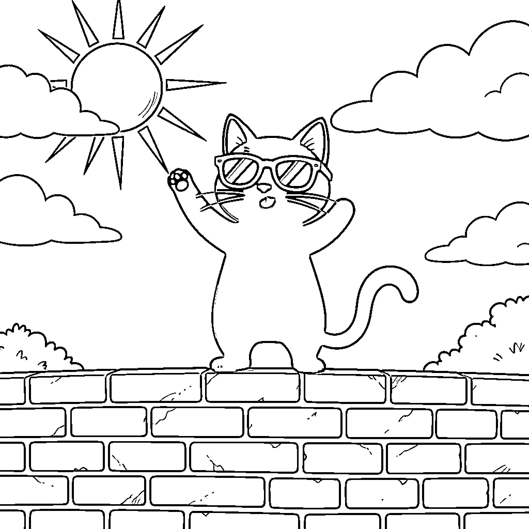 Gato enjoying the sunny day on the wall Coloring Page (free black-and-white line drawing printable PDF for all, from beginners to advanced learners, including children, teens, adults, and seniors)