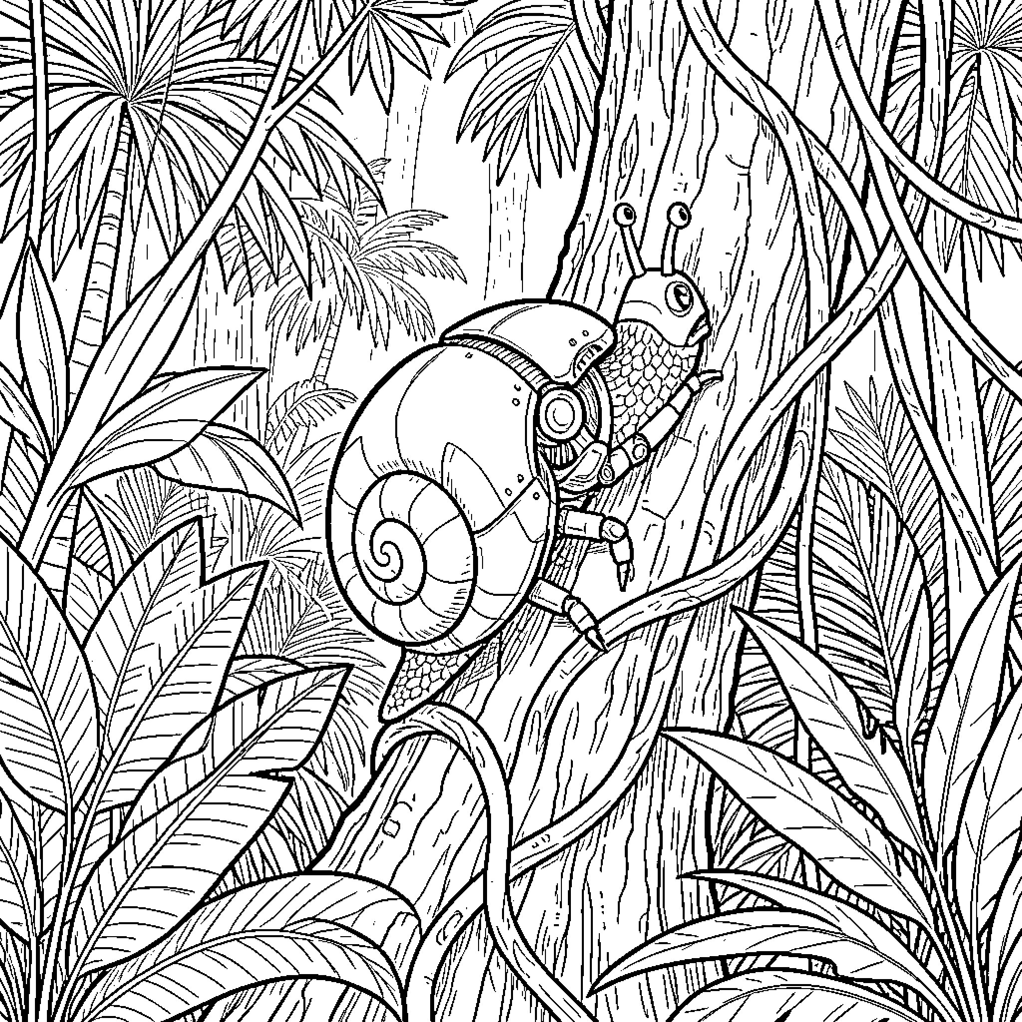 Robot Snail crawling through a lush jungle Coloring Page (free black-and-white line drawing printable PDF for all, from beginners to advanced learners, including children, teens, adults, and seniors)