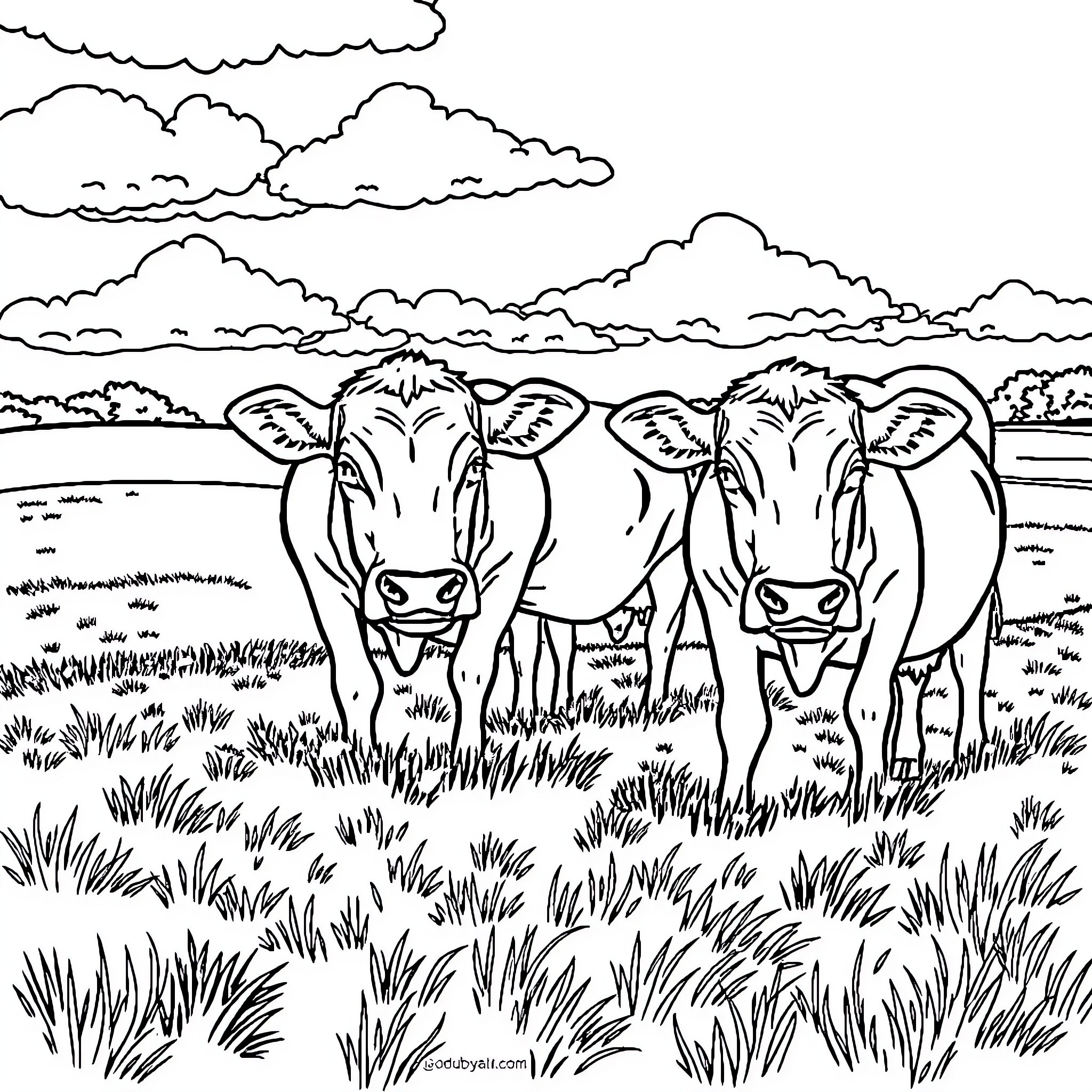Cow enjoying a peaceful day in the field Coloring Page (free black-and-white line drawing printable PDF for all, from beginners to advanced learners, including children, teens, adults, and seniors)