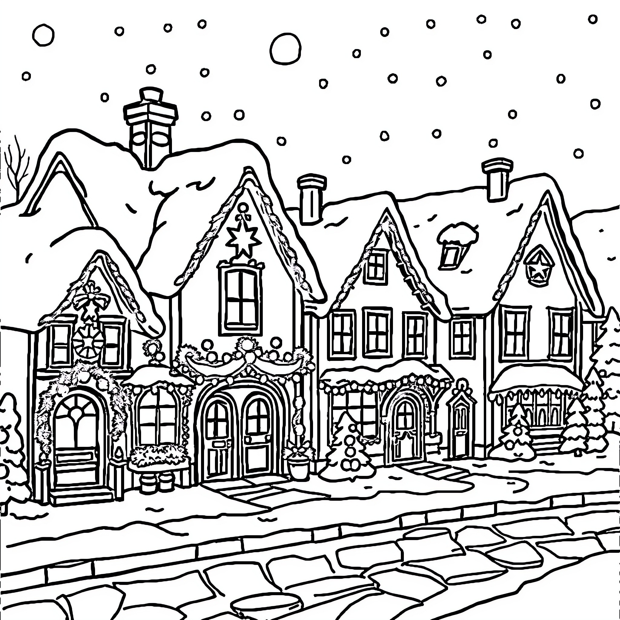 House with decorative winter landscape Coloring Page (free black-and-white line drawing printable PDF for all, from beginners to advanced learners, including children, teens, adults, and seniors)