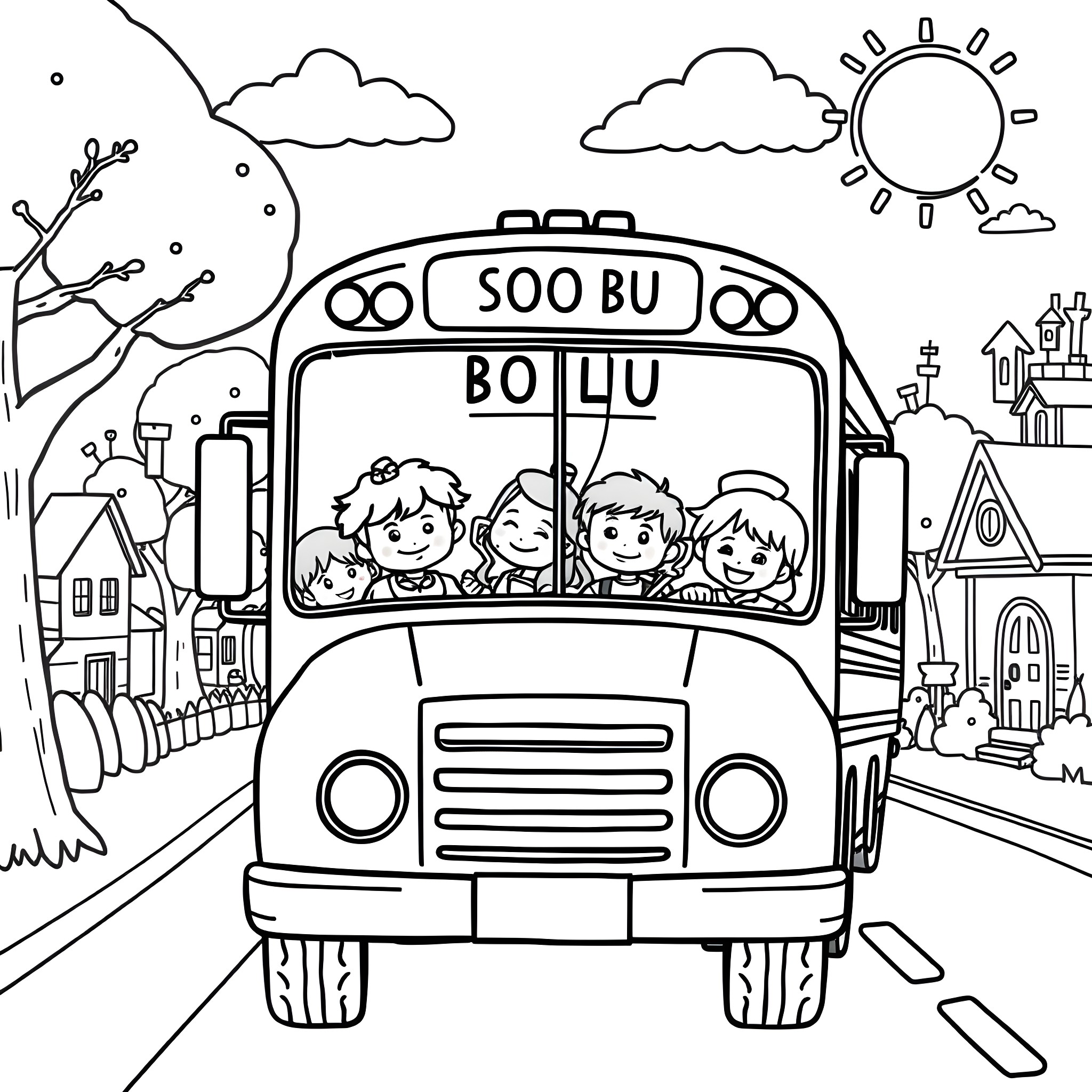 School Bus Transporting Children to School Coloring Page (free black-and-white line drawing printable PDF for all, from beginners to advanced learners, including children, teens, adults, and seniors)