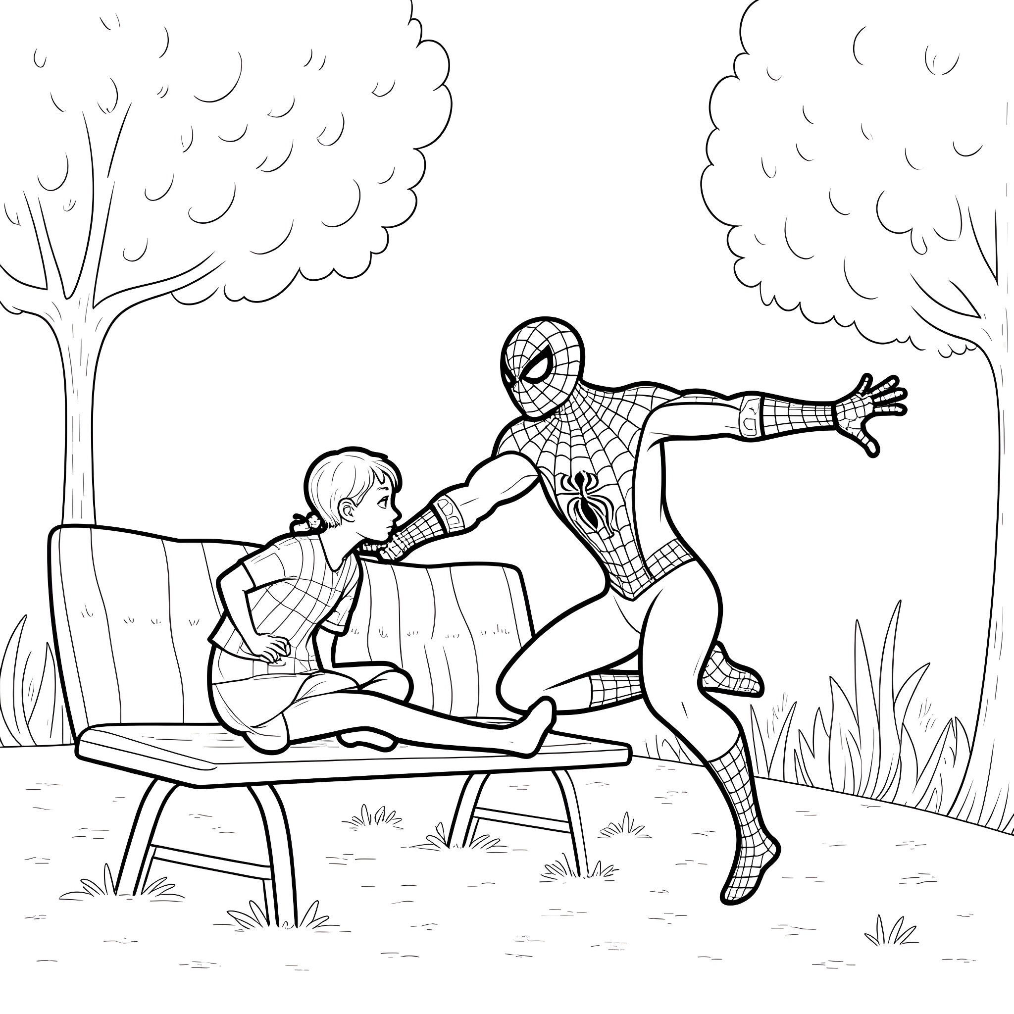 Bluey and Spider-Man playing together in the park Coloring Page (free black-and-white line drawing printable PDF for all, from beginners to advanced learners, including children, teens, adults, and seniors)