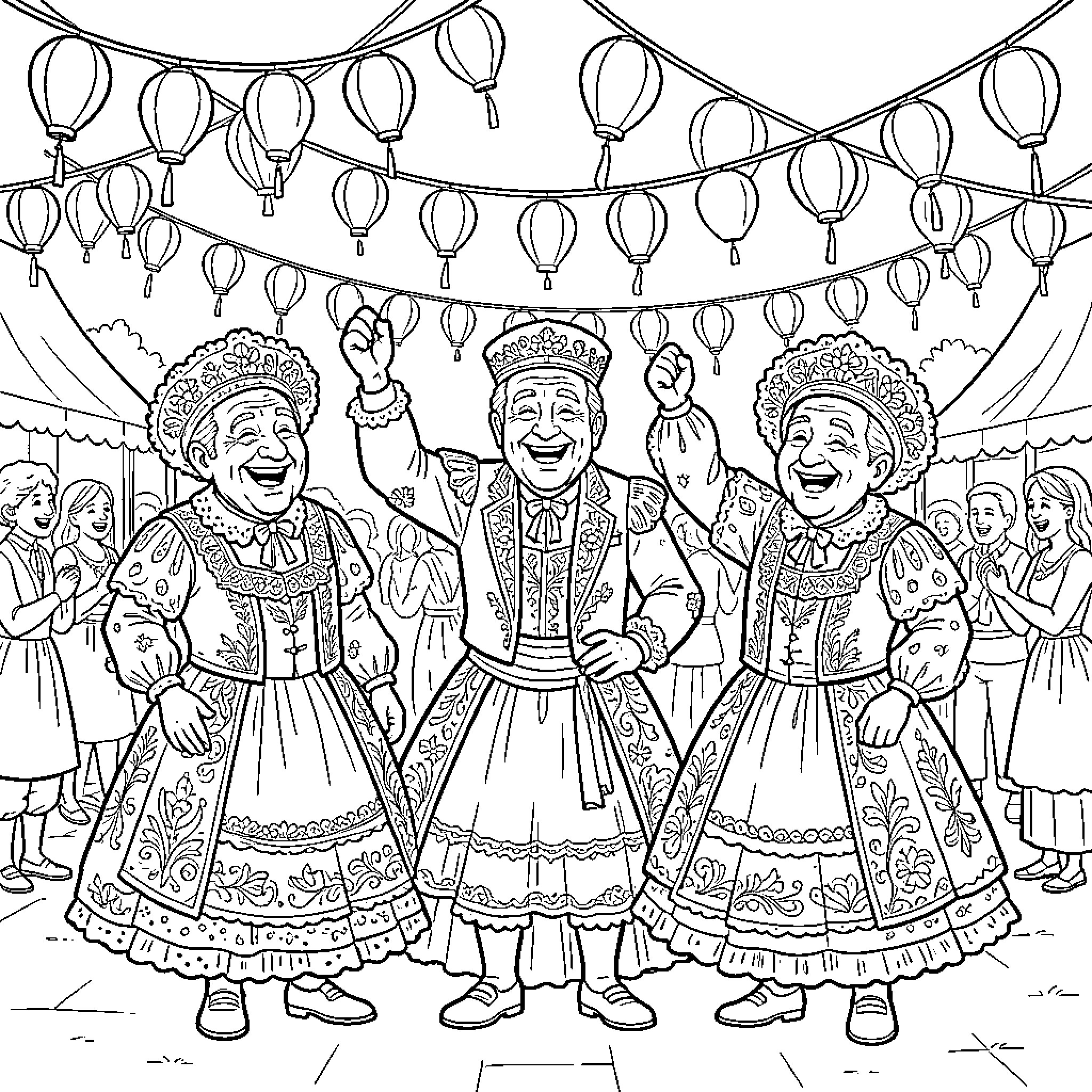 Persona of Festive Celebration and Traditional Attire Coloring Page (free black-and-white line drawing printable PDF for all, from beginners to advanced learners, including children, teens, adults, and seniors)