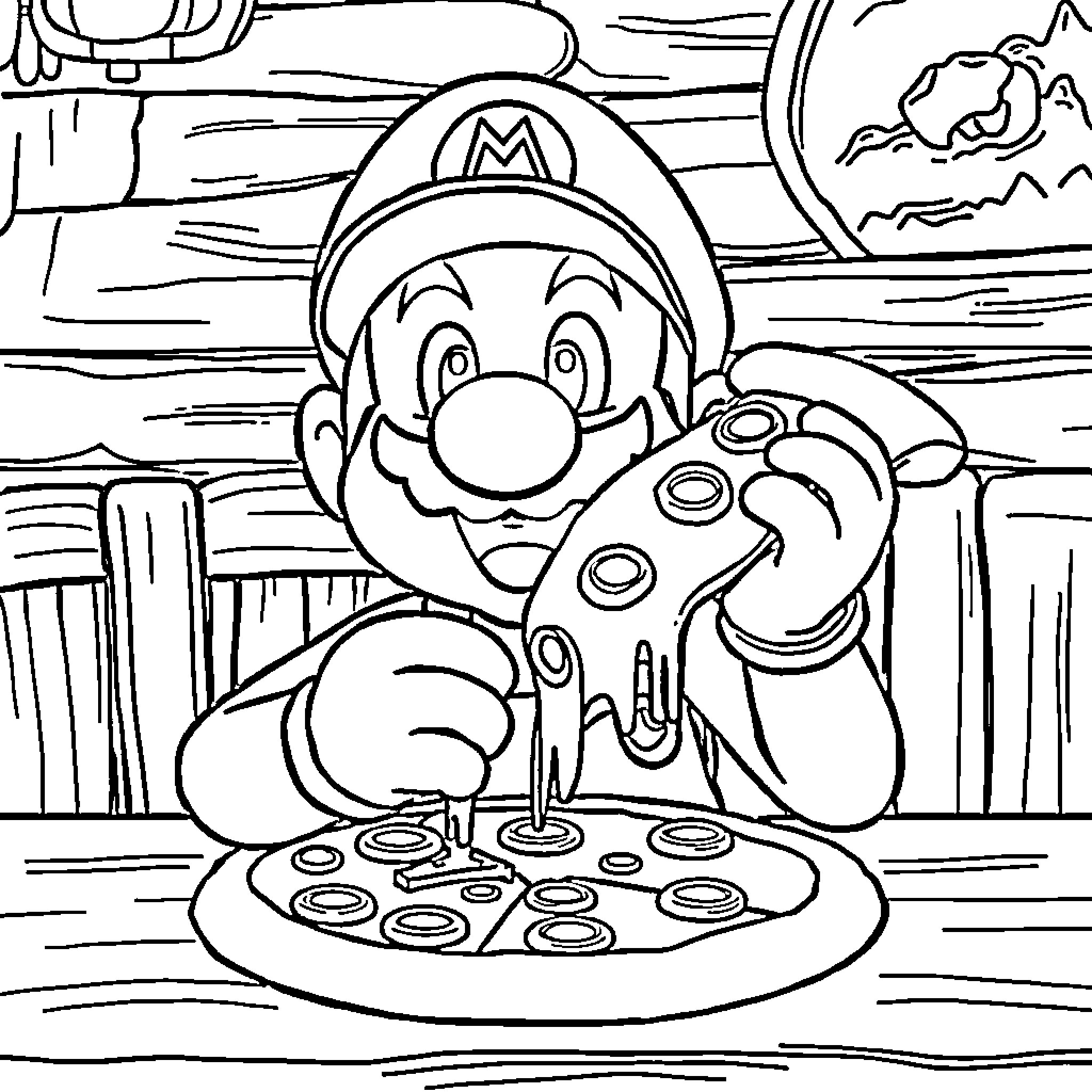 Mario Playing with Game Controller Coloring Page (free black-and-white line drawing printable PDF for all, from beginners to advanced learners, including children, teens, adults, and seniors)