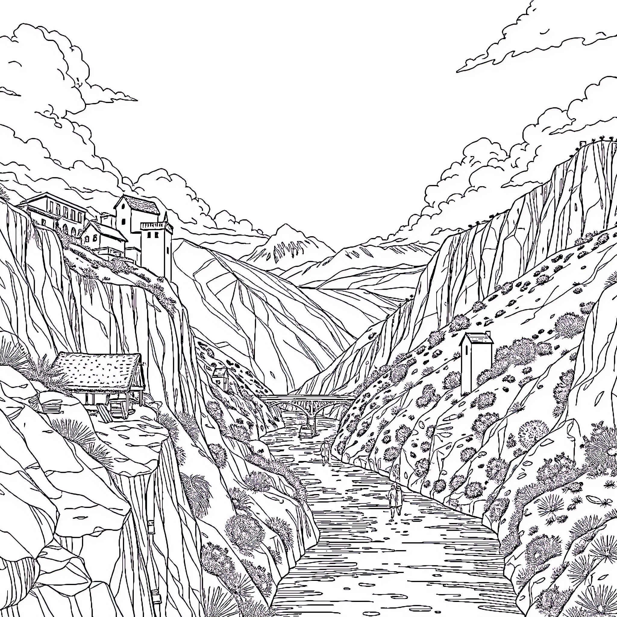 Cuenca: Winding mountain path to a historic town Coloring Page (free black-and-white line drawing printable PDF for all, from beginners to advanced learners, including children, teens, adults, and seniors)