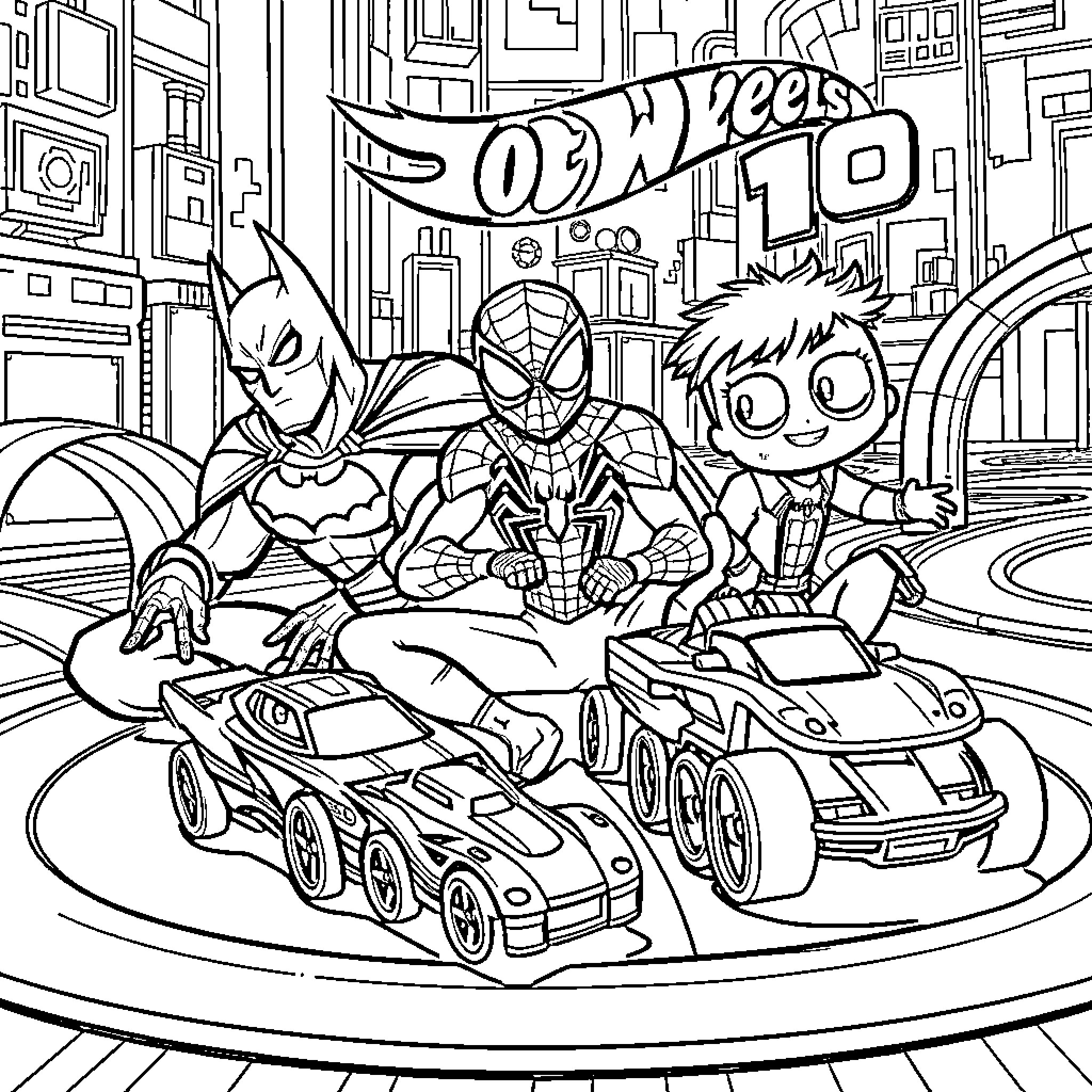 Superhero racing in futuristic city Coloring Page (free black-and-white line drawing printable PDF for all, from beginners to advanced learners, including children, teens, adults, and seniors)