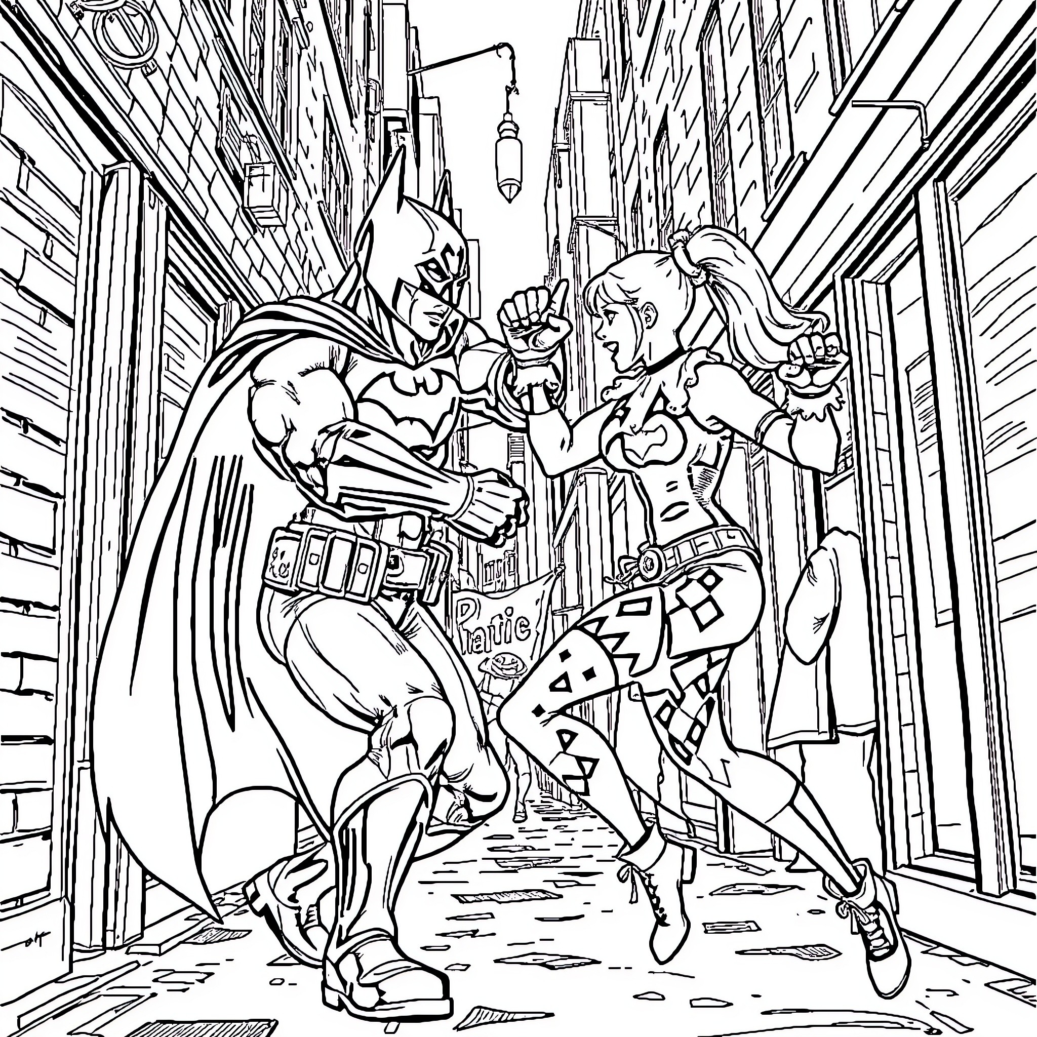 Harley Quinn confronting Batman in an urban setting Coloring Page (free black-and-white line drawing printable PDF for all, from beginners to advanced learners, including children, teens, adults, and seniors)