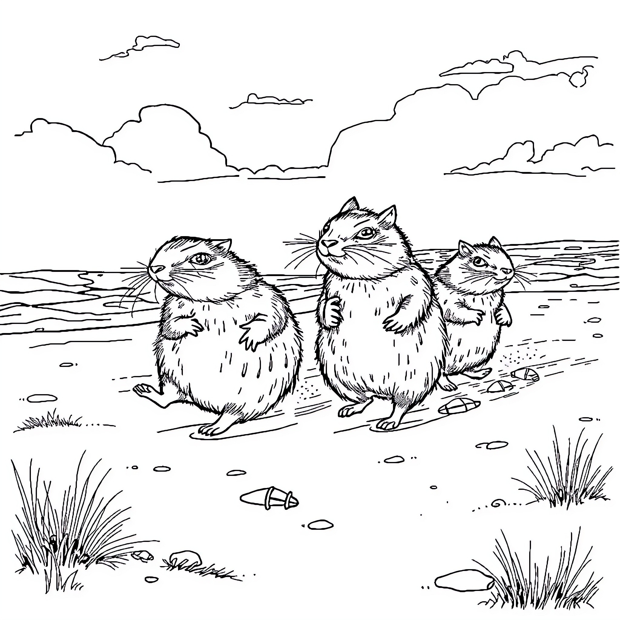 Vole family exploring natural habitat Coloring Page (free black-and-white line drawing printable PDF for all, from beginners to advanced learners, including children, teens, adults, and seniors)