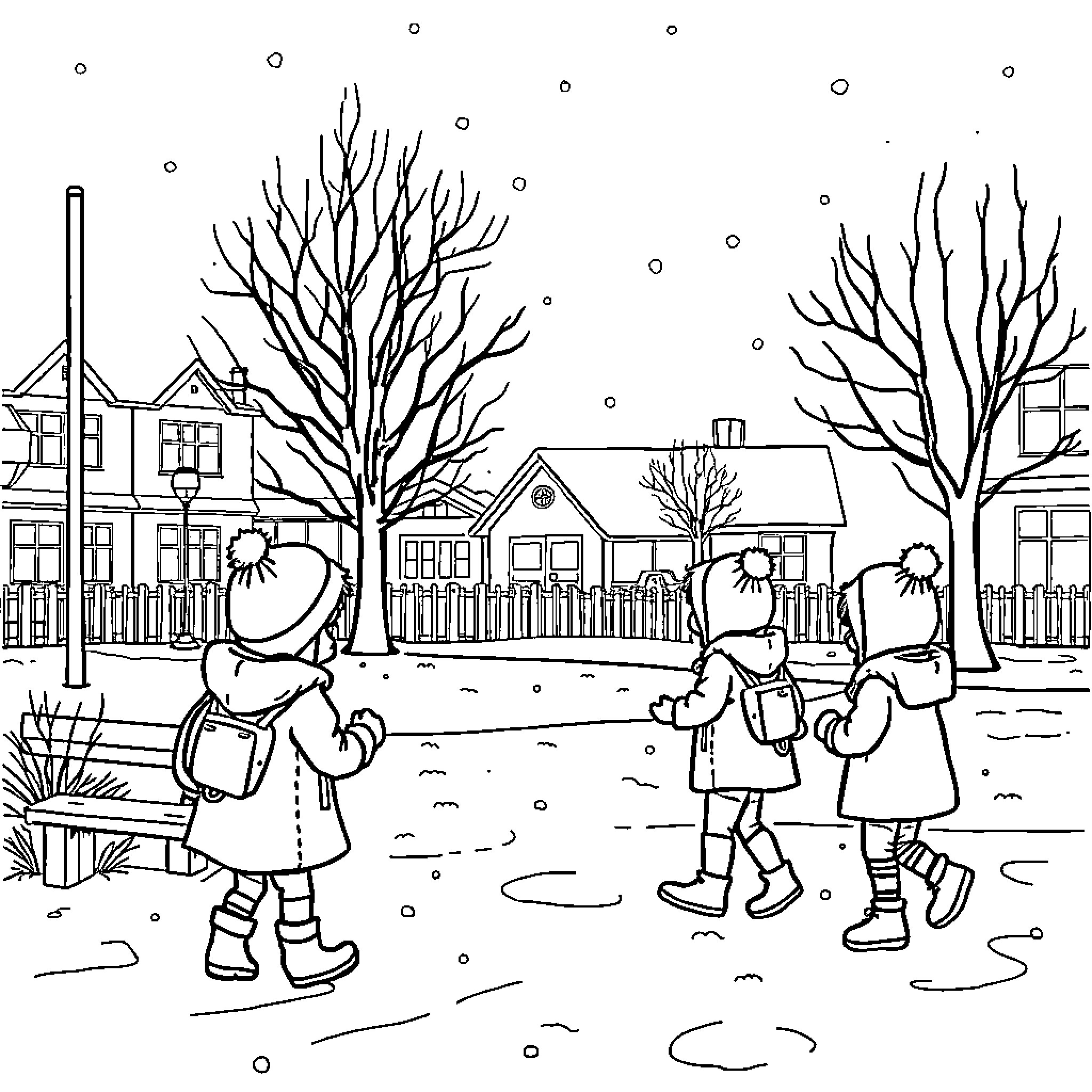 Child playing in snowy neighborhood with friends Coloring Page (free black-and-white line drawing printable PDF for all, from beginners to advanced learners, including children, teens, adults, and seniors)