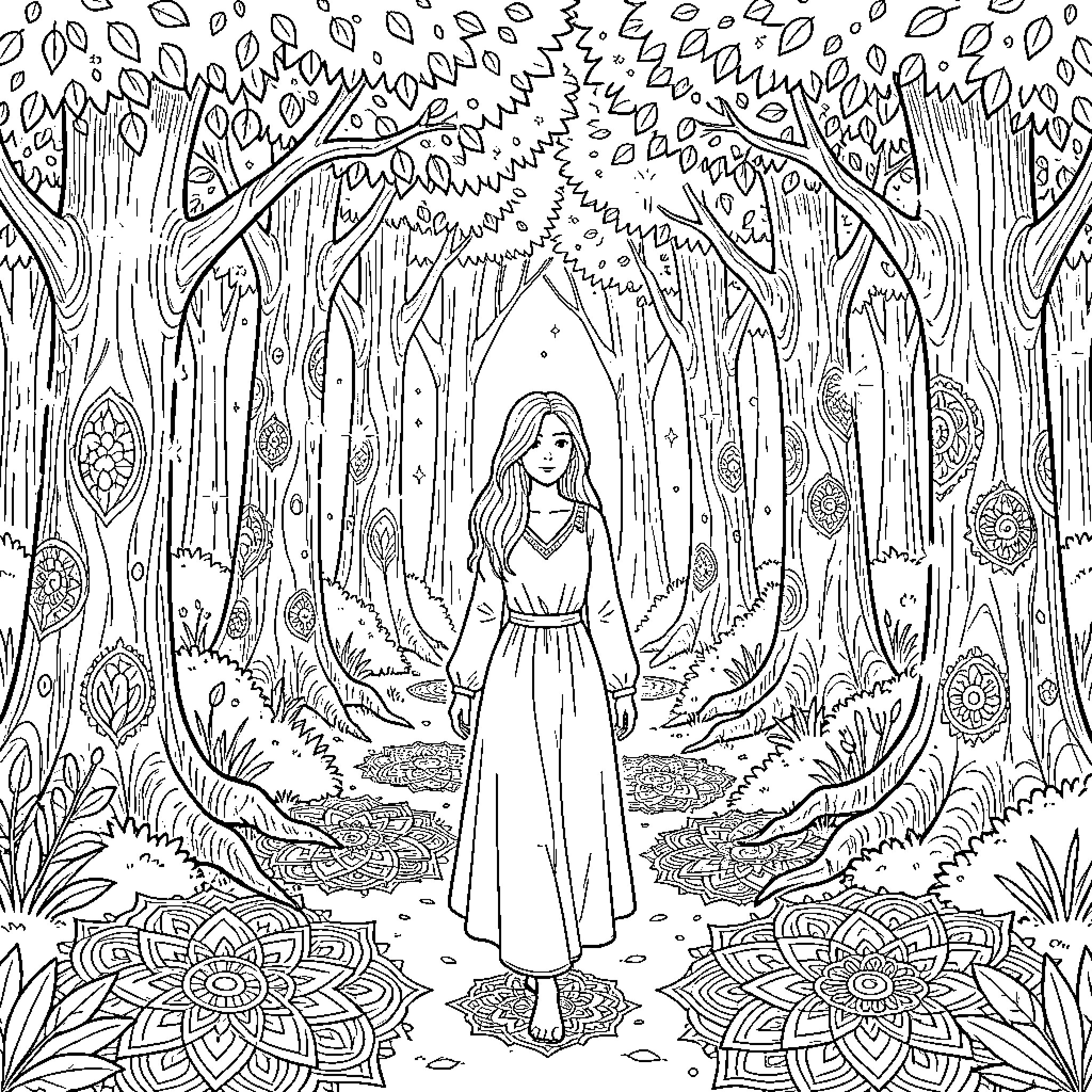Woman standing in a magical forest Coloring Page (free black-and-white line drawing printable PDF for all, from beginners to advanced learners, including children, teens, adults, and seniors)
