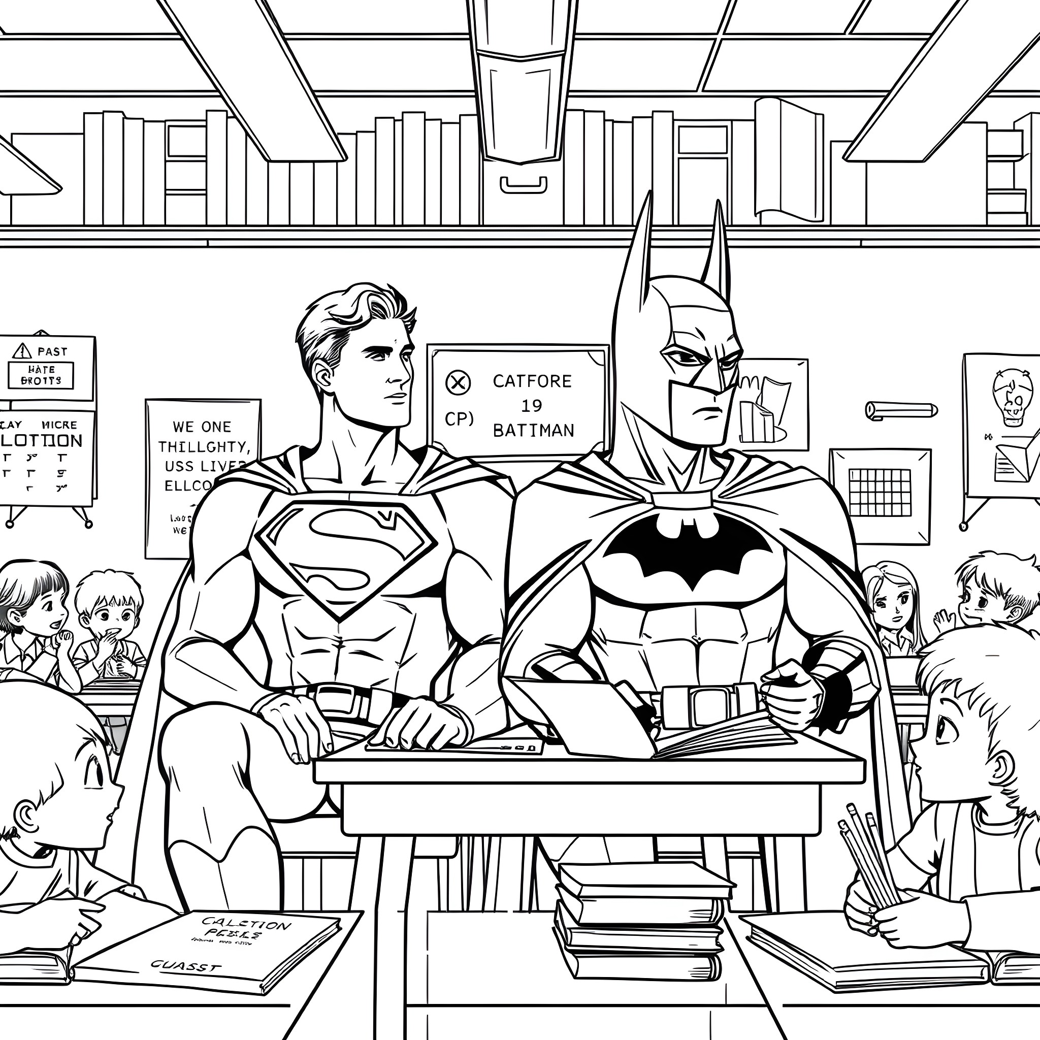Superman and Batman working together in the library Coloring Page (free black-and-white line drawing printable PDF for all, from beginners to advanced learners, including children, teens, adults, and seniors)