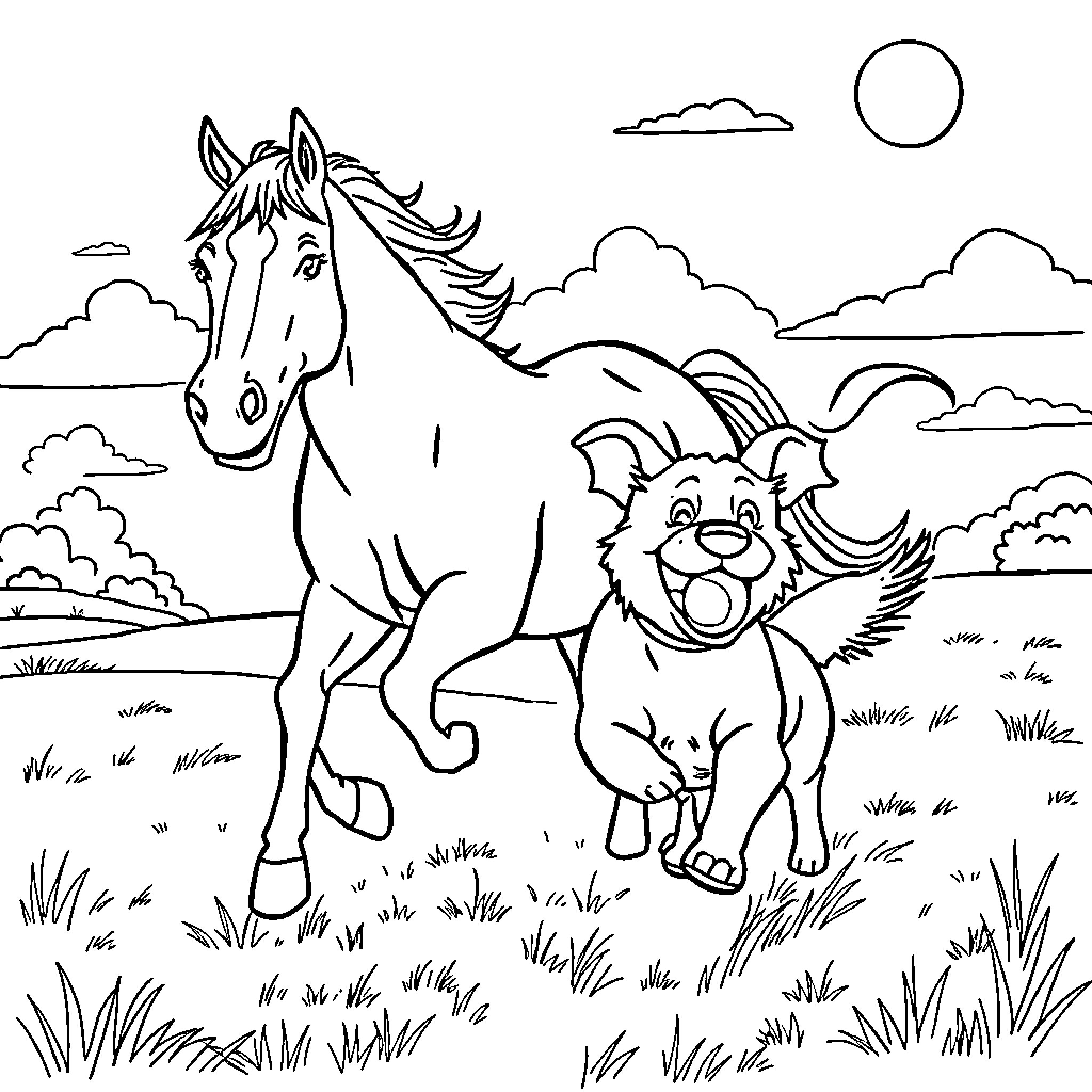 Horse and dog playing together in the countryside Coloring Page (free black-and-white line drawing printable PDF for all, from beginners to advanced learners, including children, teens, adults, and seniors)