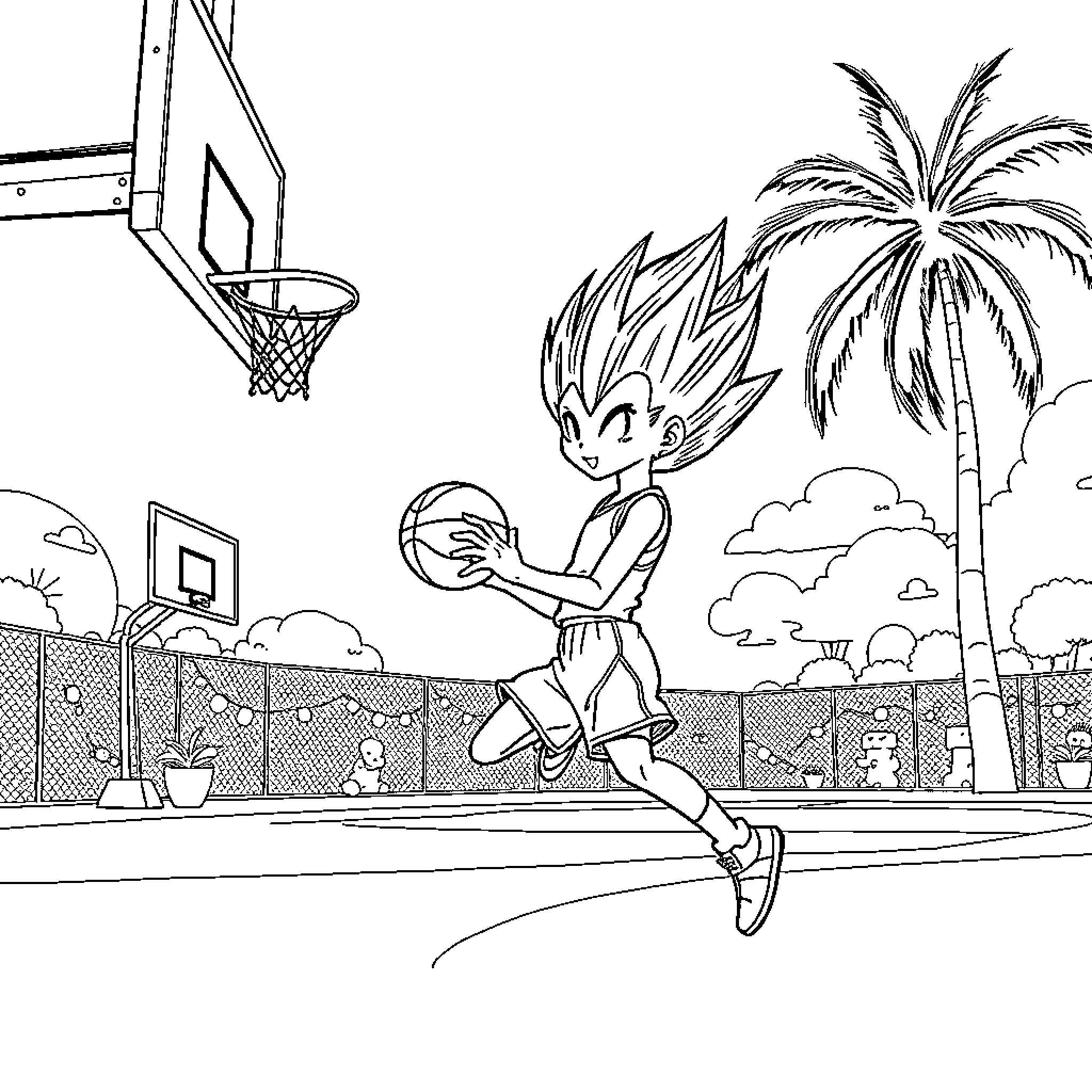 Vegeta dunking on the basketball court Coloring Page (free black-and-white line drawing printable PDF for all, from beginners to advanced learners, including children, teens, adults, and seniors)