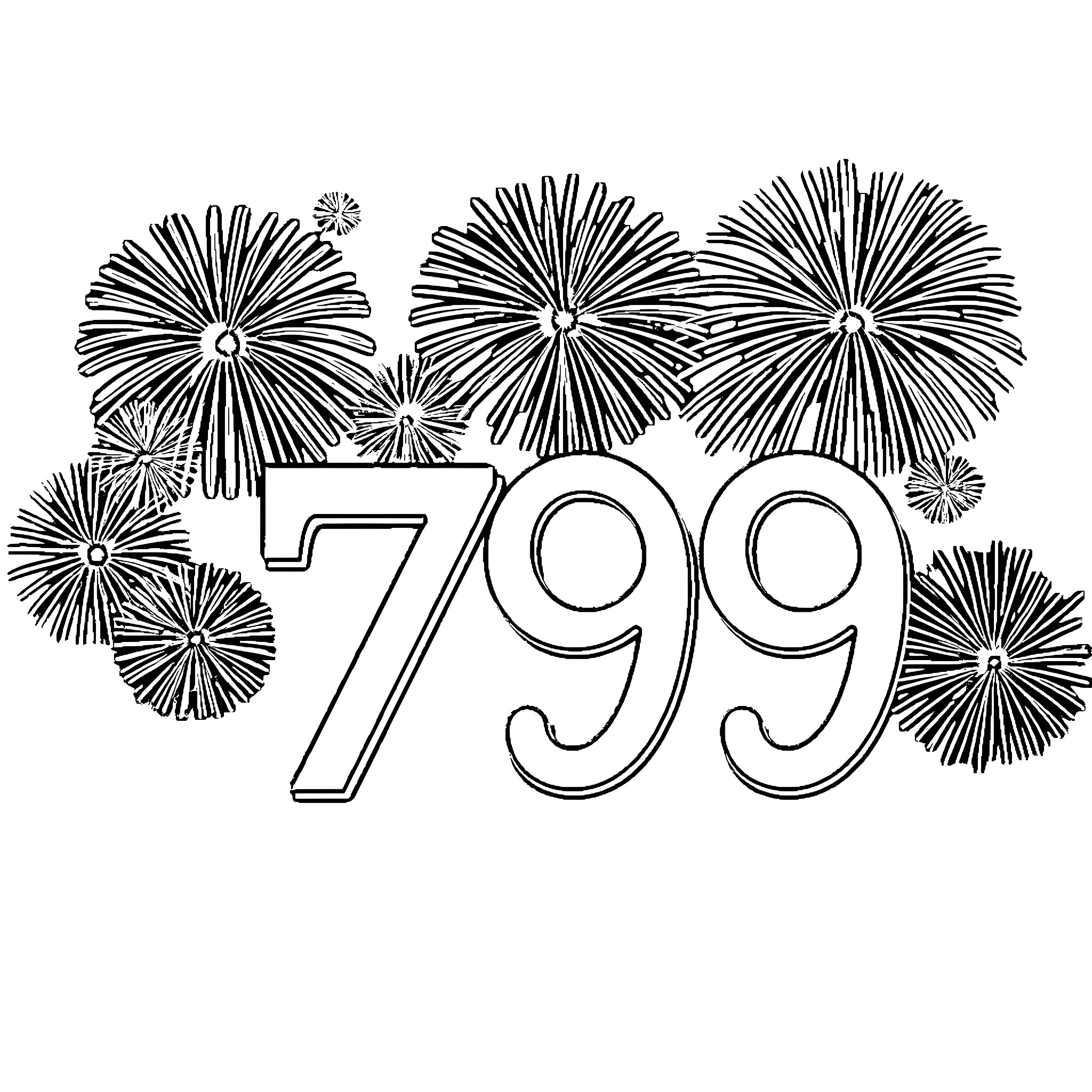 Number Fireworks Celebrating 799 Coloring Page (free black-and-white line drawing printable PDF for all, from beginners to advanced learners, including children, teens, adults, and seniors)