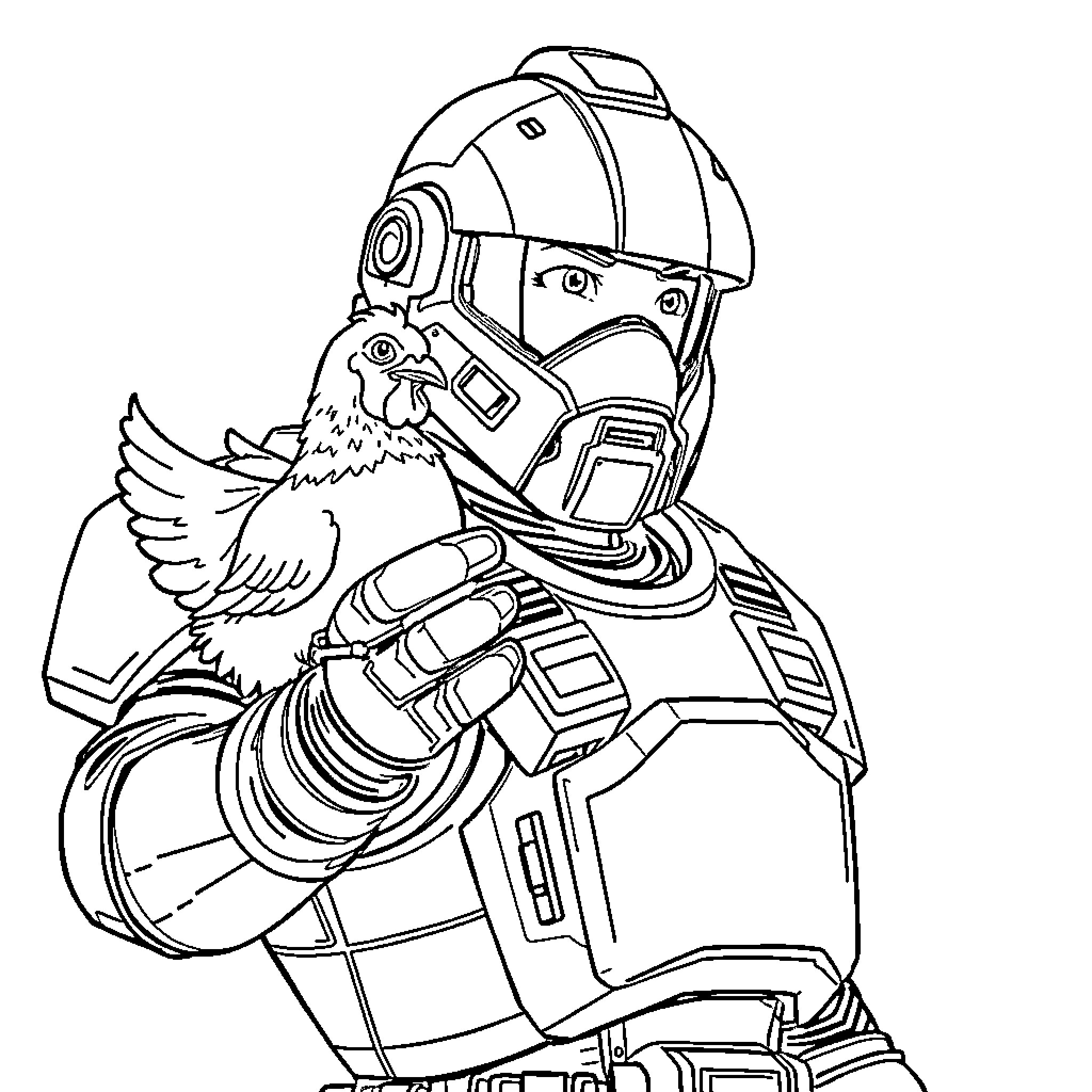 Power Armor Soldier Interacting with Bird Coloring Page (free black-and-white line drawing printable PDF for all, from beginners to advanced learners, including children, teens, adults, and seniors)