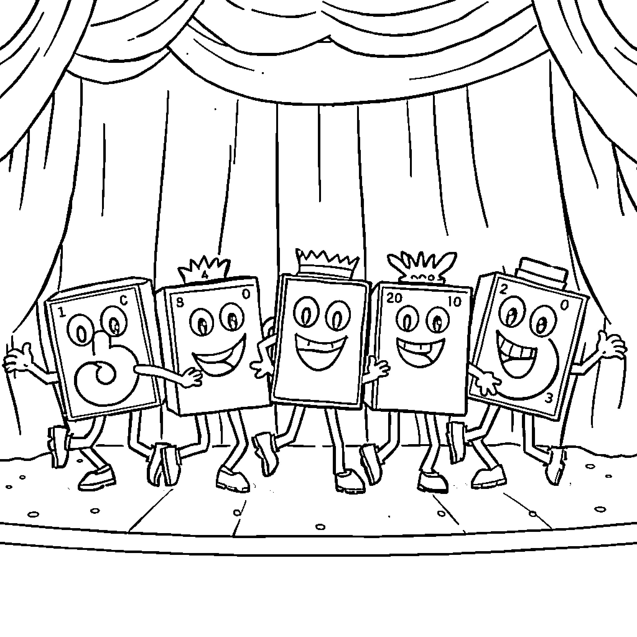 Numberblocks performing on stage Coloring Page (free black-and-white line drawing printable PDF for all, from beginners to advanced learners, including children, teens, adults, and seniors)