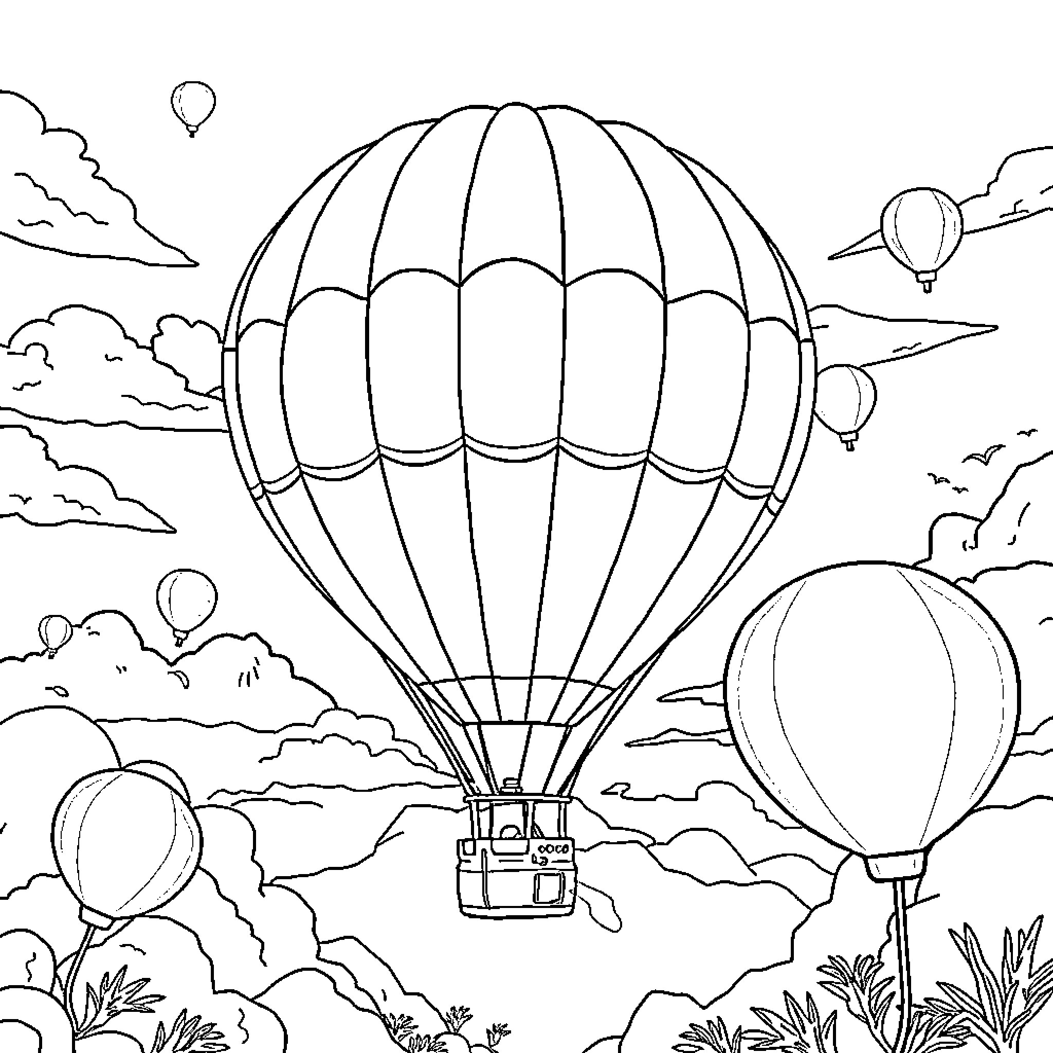 Moab Hot Air Balloon Adventure in the Sky Coloring Page (free black-and-white line drawing printable PDF for all, from beginners to advanced learners, including children, teens, adults, and seniors)
