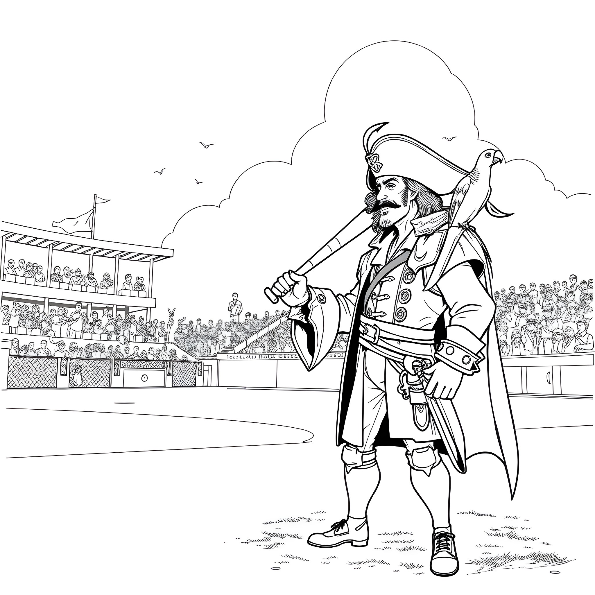 Captain Hook leads his pirate crew to the pitch Coloring Page (free black-and-white line drawing printable PDF for all, from beginners to advanced learners, including children, teens, adults, and seniors)