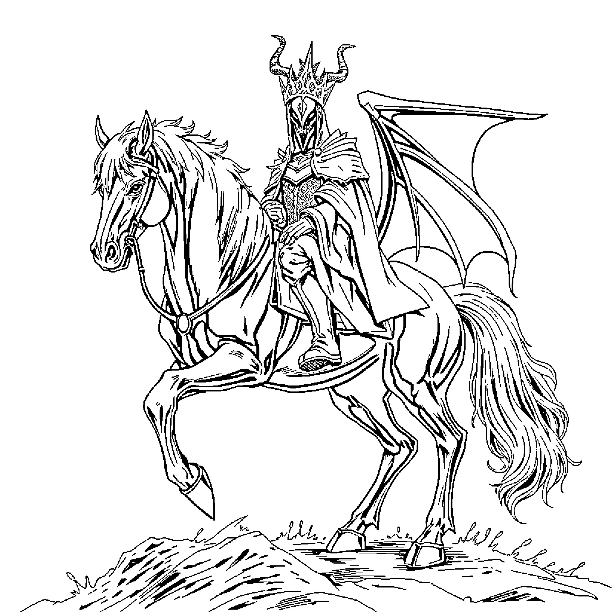 Horse-mounted Fantasy Warrior in Armored Outfit Coloring Page (free black-and-white line drawing printable PDF for all, from beginners to advanced learners, including children, teens, adults, and seniors)