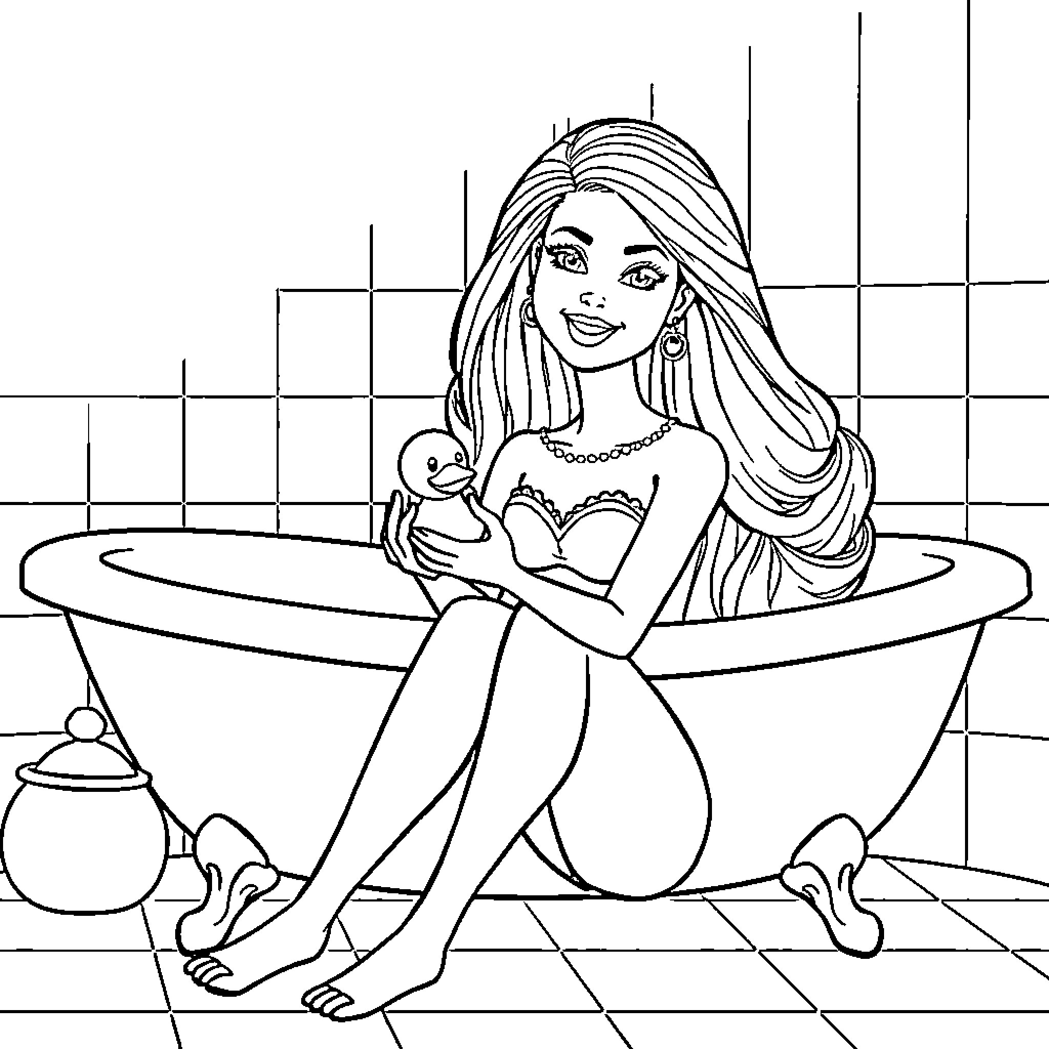 Barbie relaxing in a luxurious bubble bath Coloring Page (free black-and-white line drawing printable PDF for all, from beginners to advanced learners, including children, teens, adults, and seniors)
