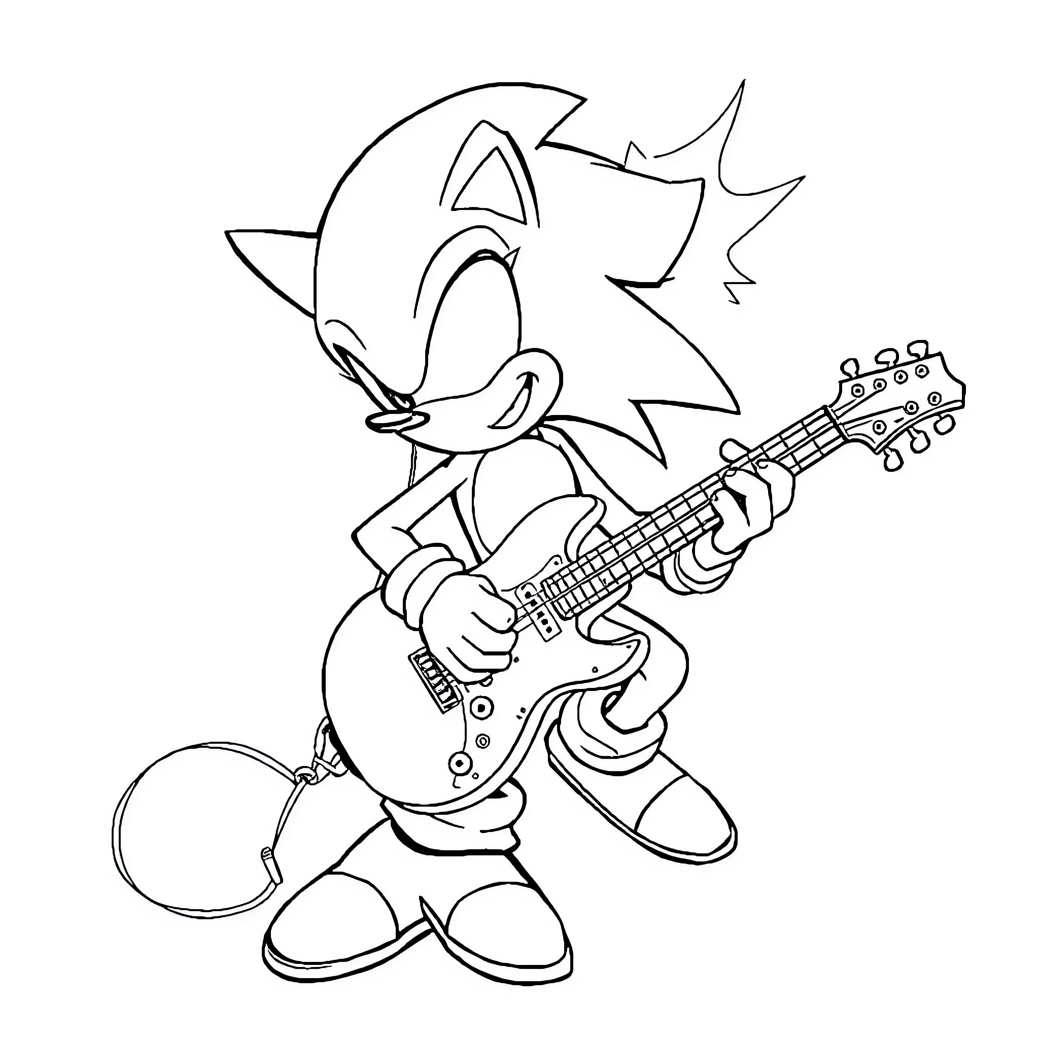 Sonic Rocking Out with Electric Guitar Coloring Page (free black-and-white line drawing printable PDF for all, from beginners to advanced learners, including children, teens, adults, and seniors)