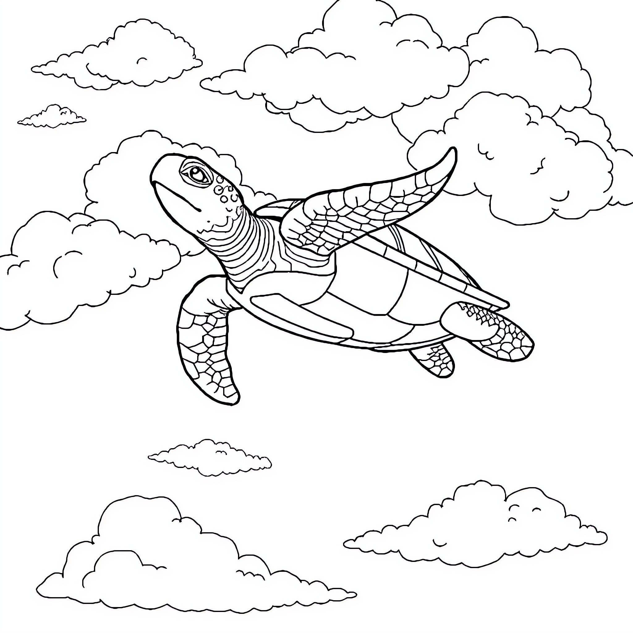 Turtle soaring through the cloudy sky Coloring Page (free black-and-white line drawing printable PDF for all, from beginners to advanced learners, including children, teens, adults, and seniors)